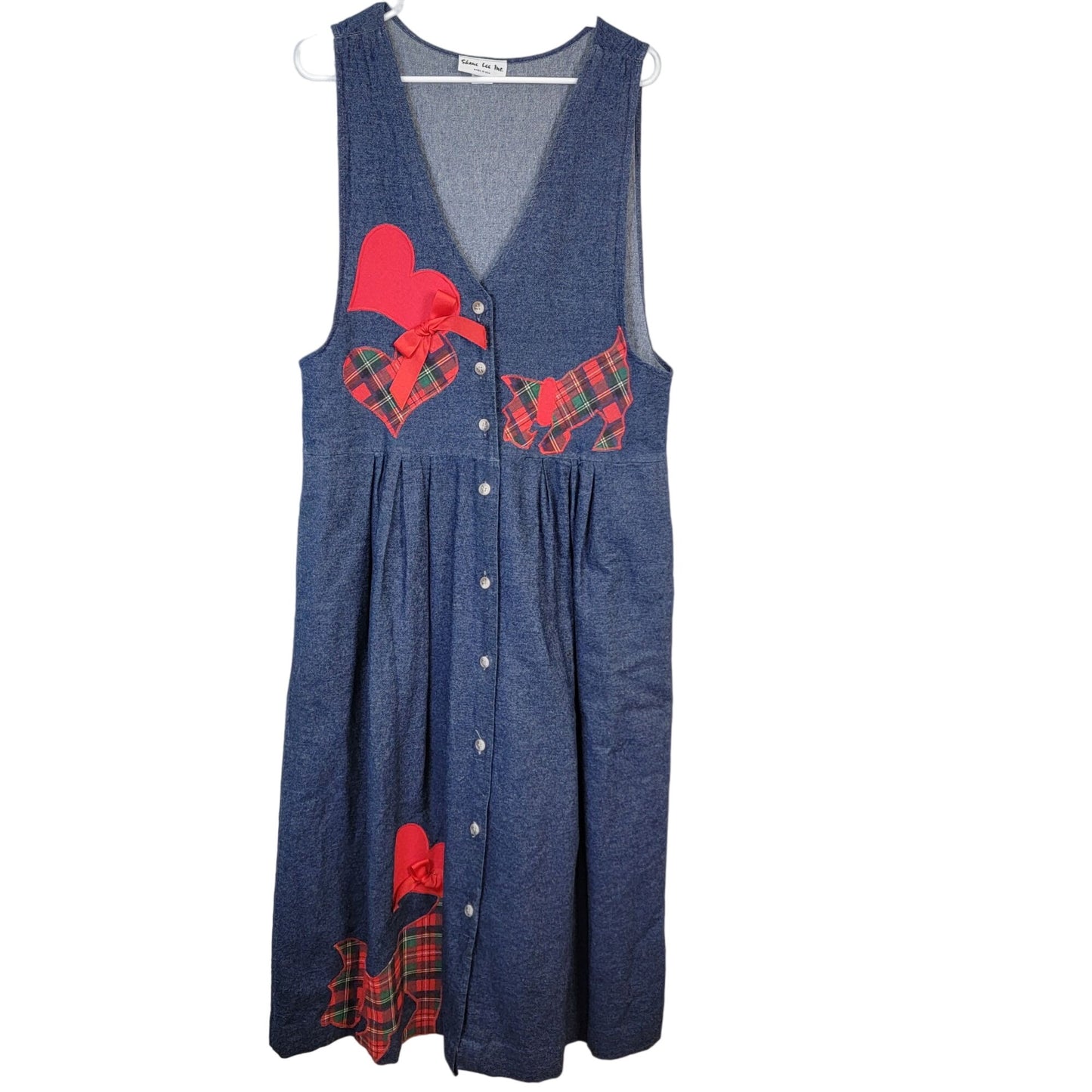 Vintage 90s Denim Maxi Dress Women Medium Scottie Dog Embroidered Teacher