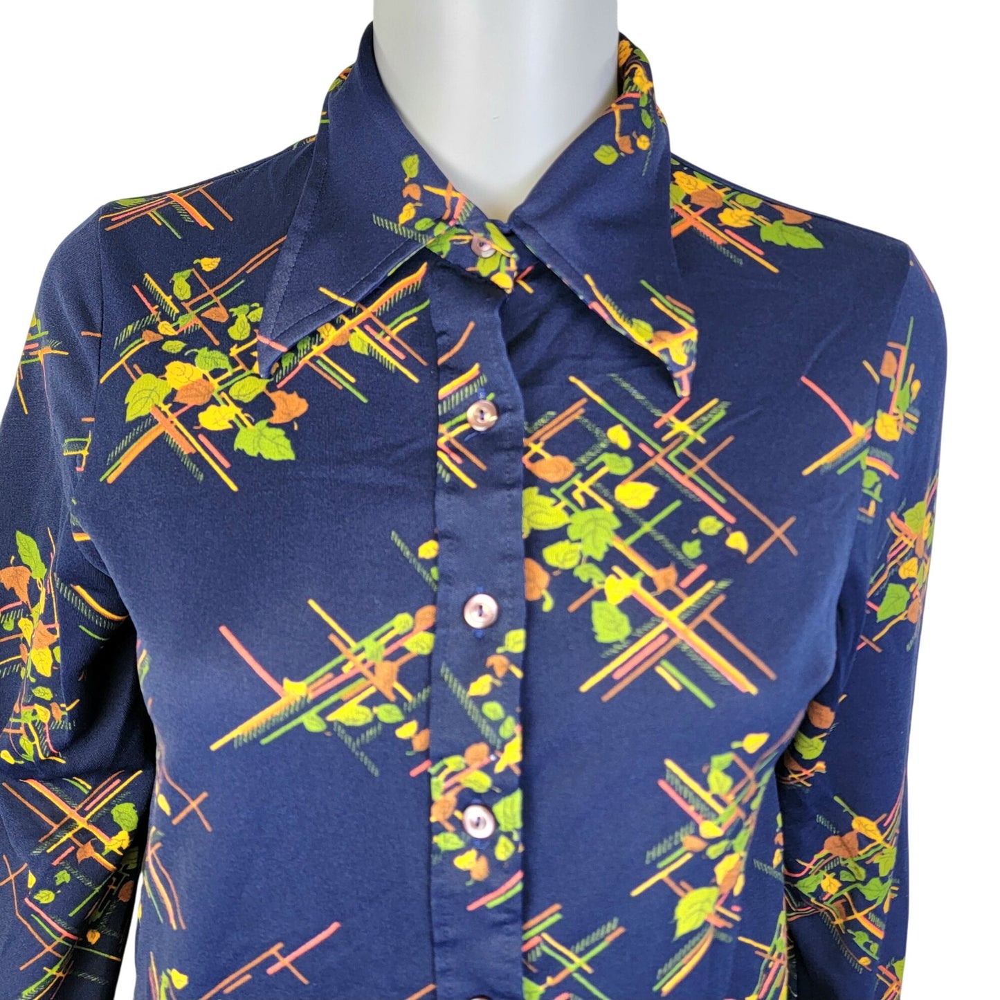 Vintage 70s Floral Blouse Shirt Women Medium Blue Green Point Collar Button Top