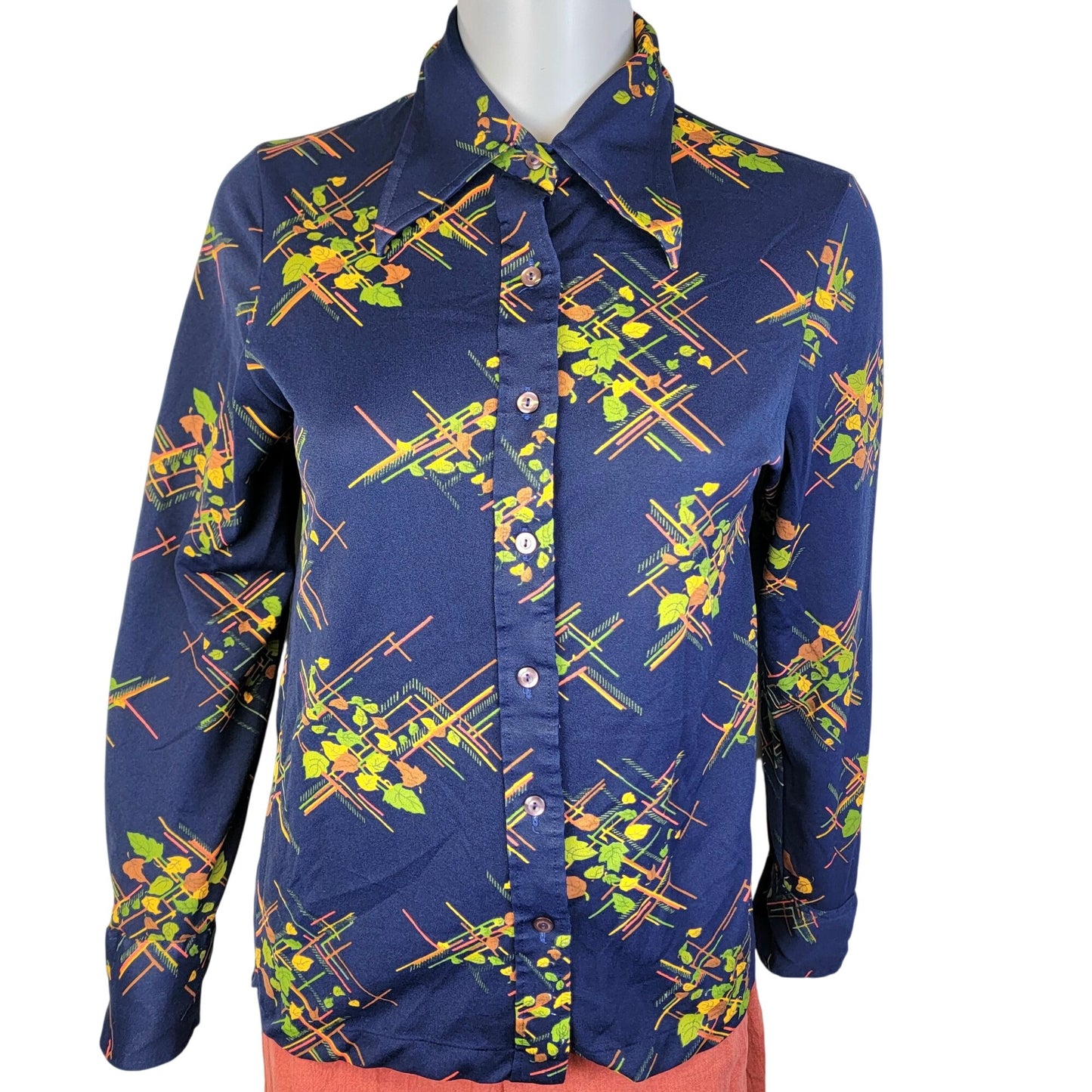 Vintage 70s Floral Blouse Shirt Women Medium Blue Green Point Collar Button Top