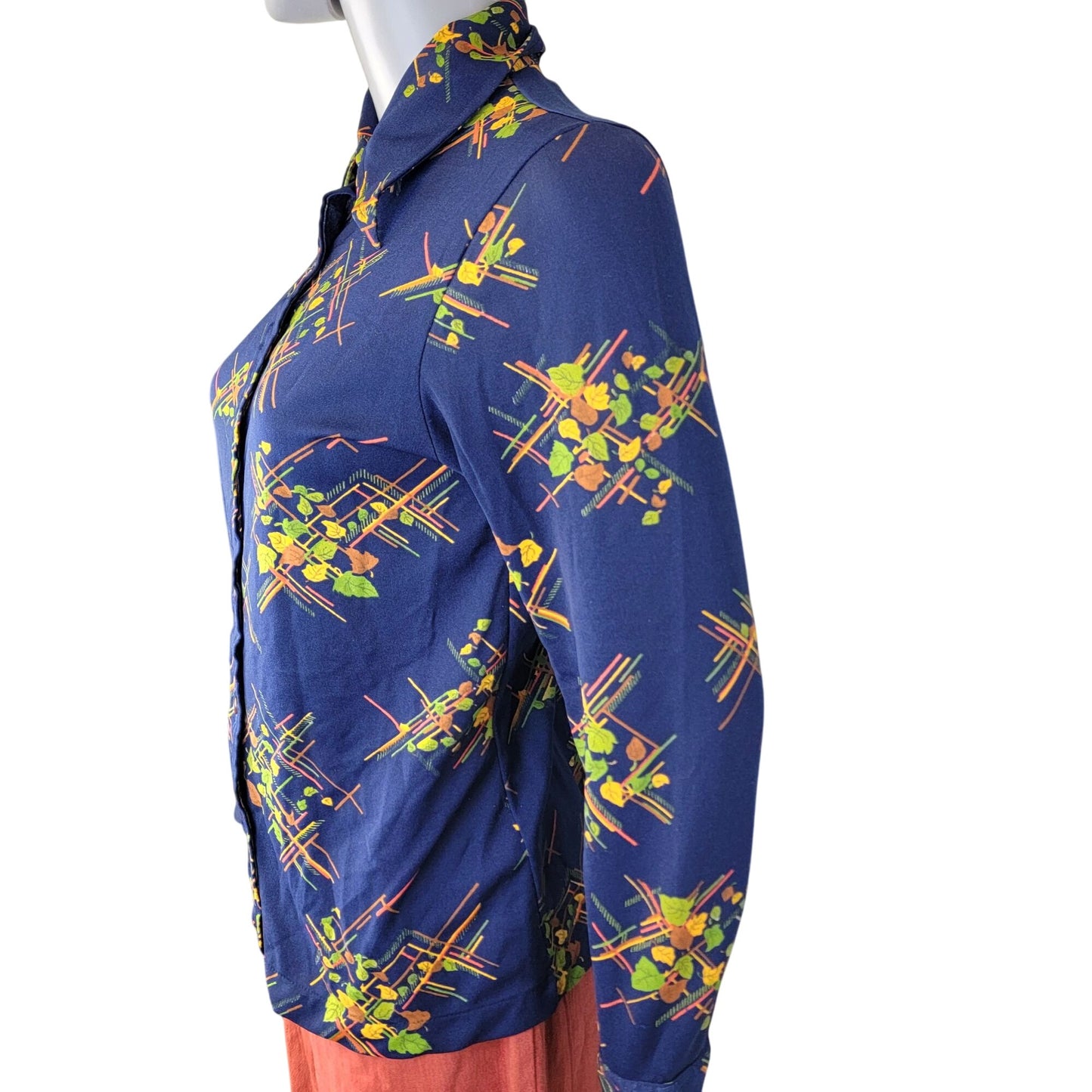 Vintage 70s Floral Blouse Shirt Women Medium Blue Green Point Collar Button Top