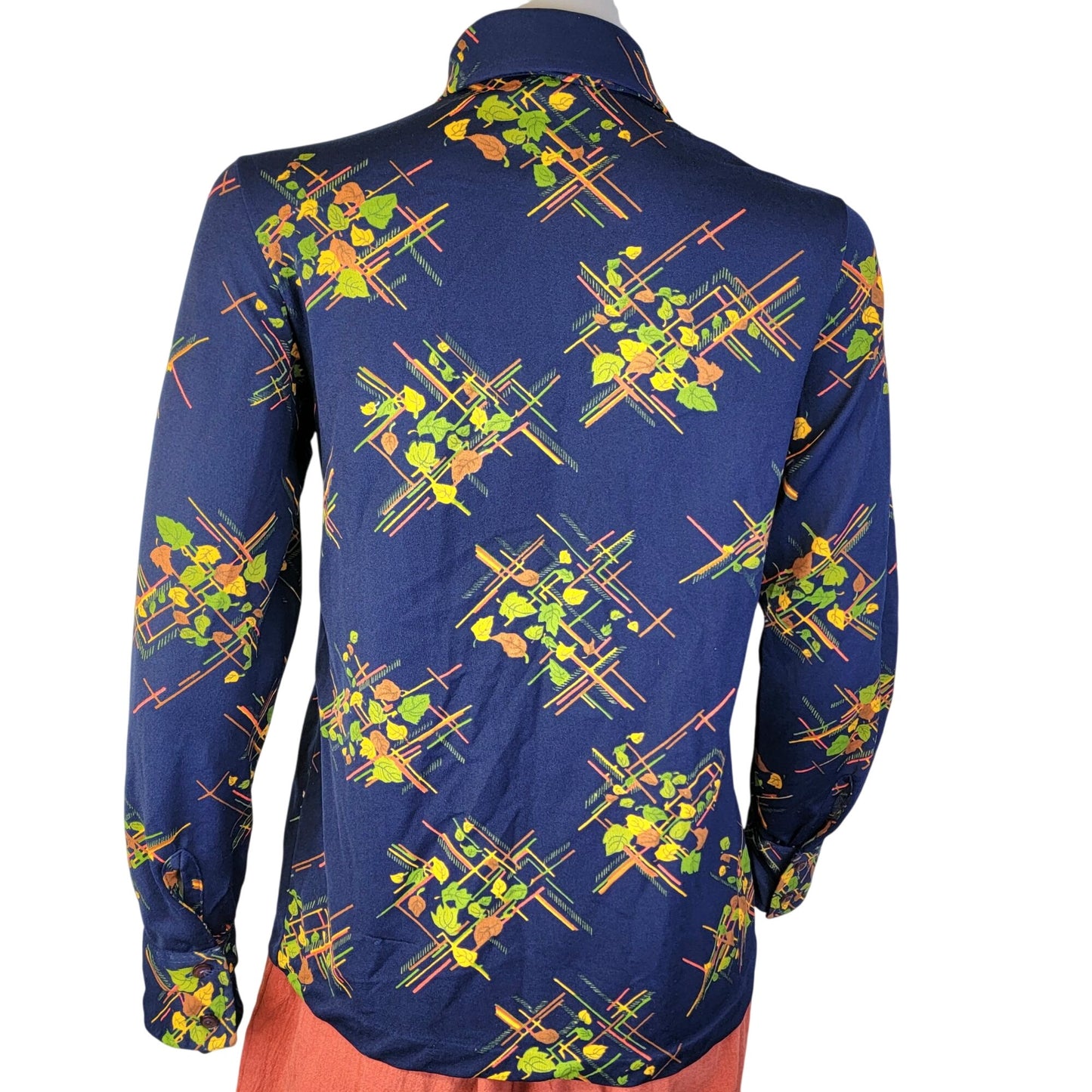 Vintage 70s Floral Blouse Shirt Women Medium Blue Green Point Collar Button Top
