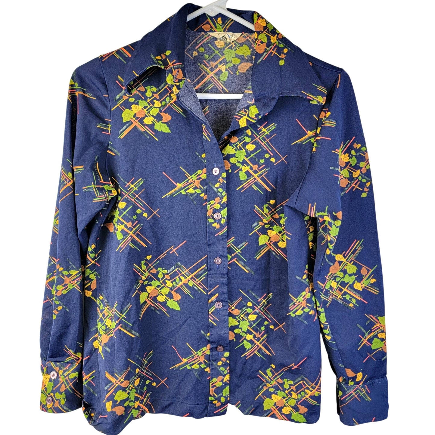 Vintage 70s Floral Blouse Shirt Women Medium Blue Green Point Collar Button Top