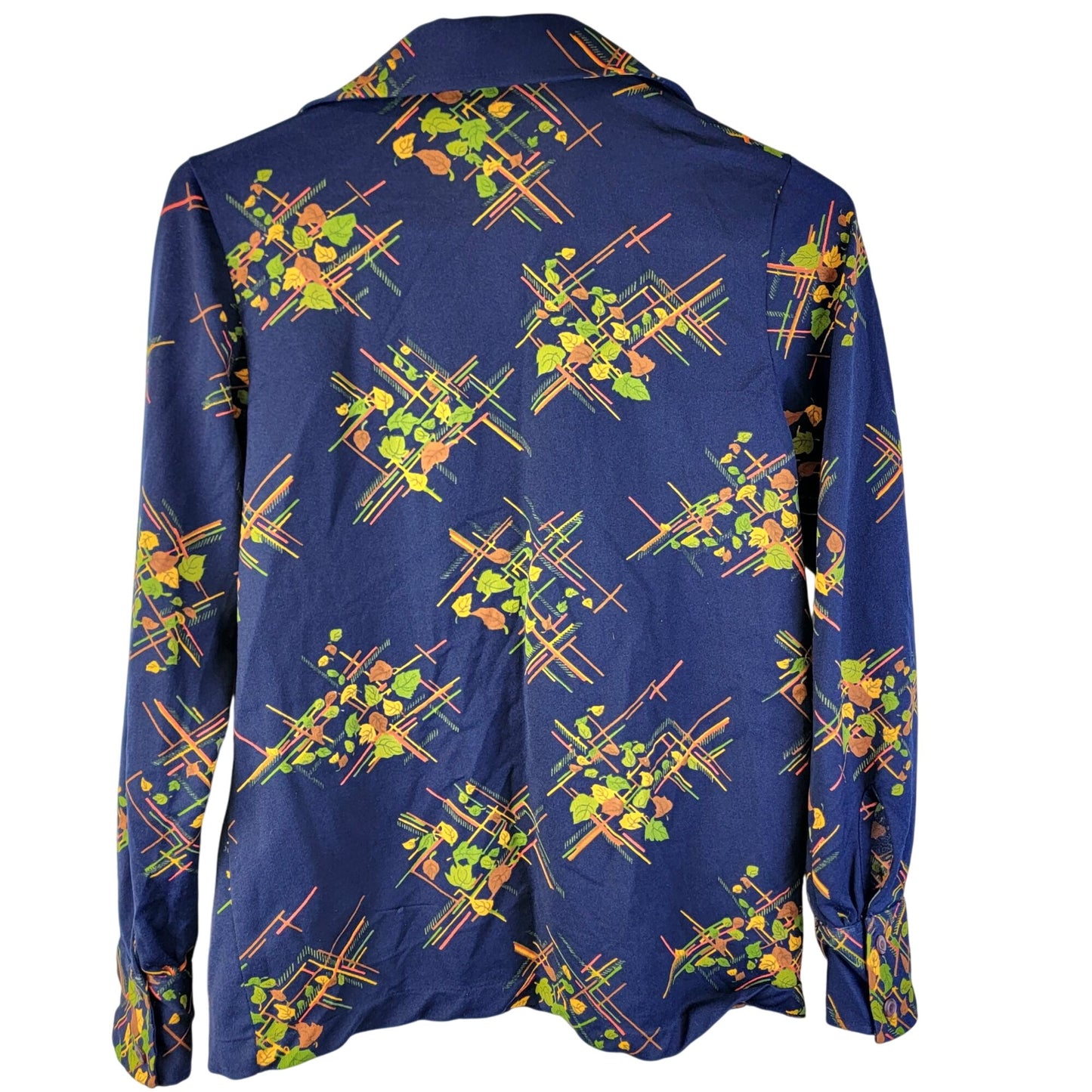 Vintage 70s Floral Blouse Shirt Women Medium Blue Green Point Collar Button Top