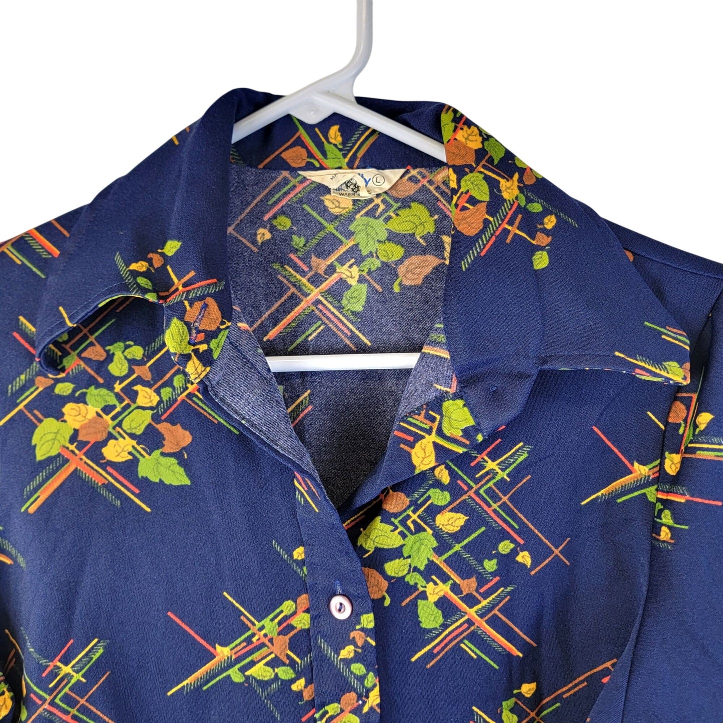 Vintage 70s Floral Blouse Shirt Women Medium Blue Green Point Collar Button Top