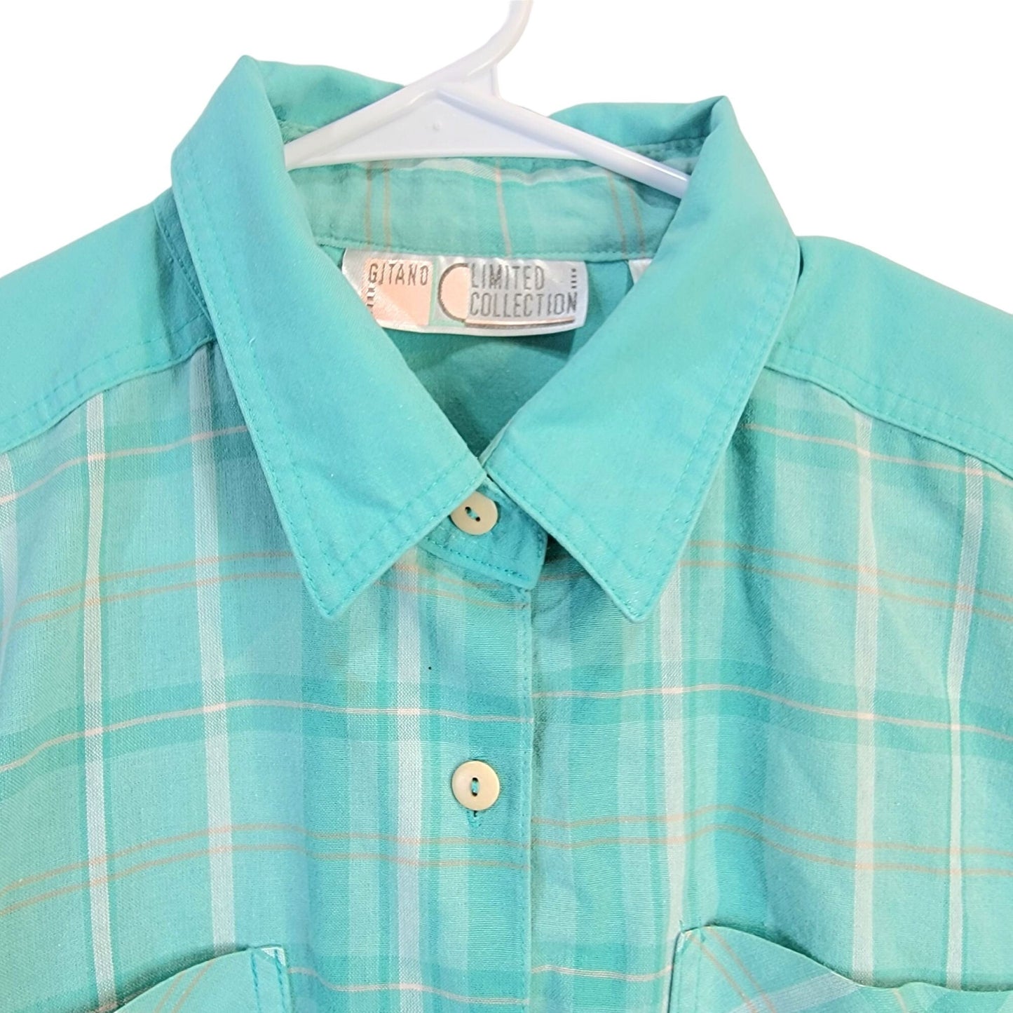Gitano Vintage 90s Plaid Shirt Women Large Button Collar Top Blue Pink