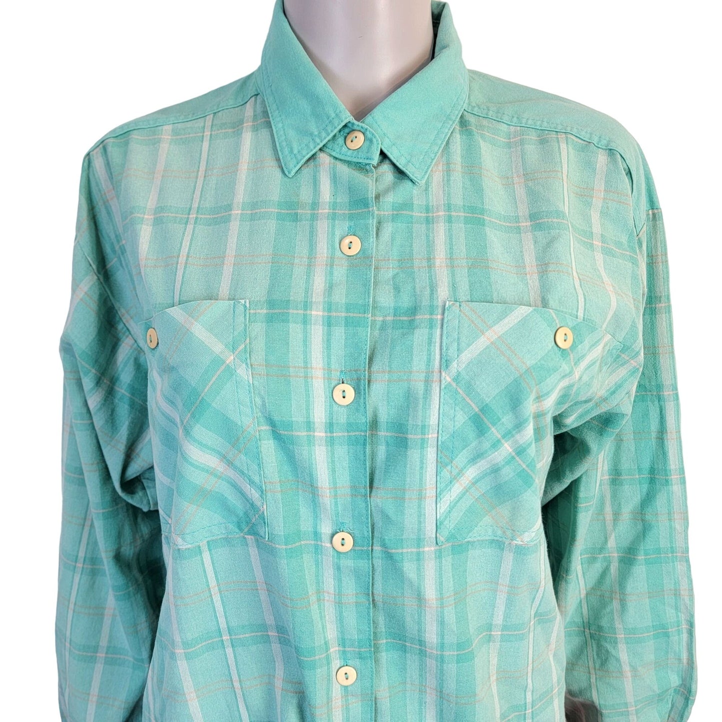 Gitano Vintage 90s Plaid Shirt Women Large Button Collar Top Blue Pink