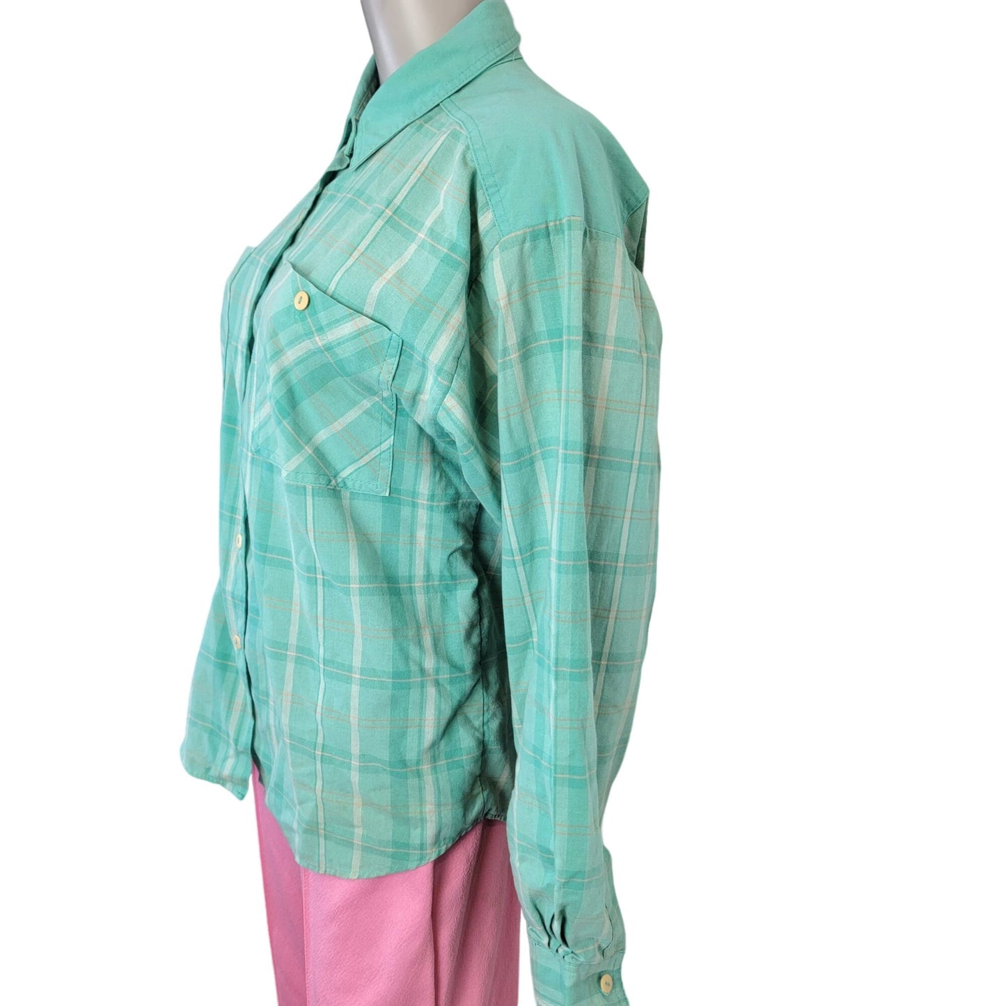 Gitano Vintage 90s Plaid Shirt Women Large Button Collar Top Blue Pink