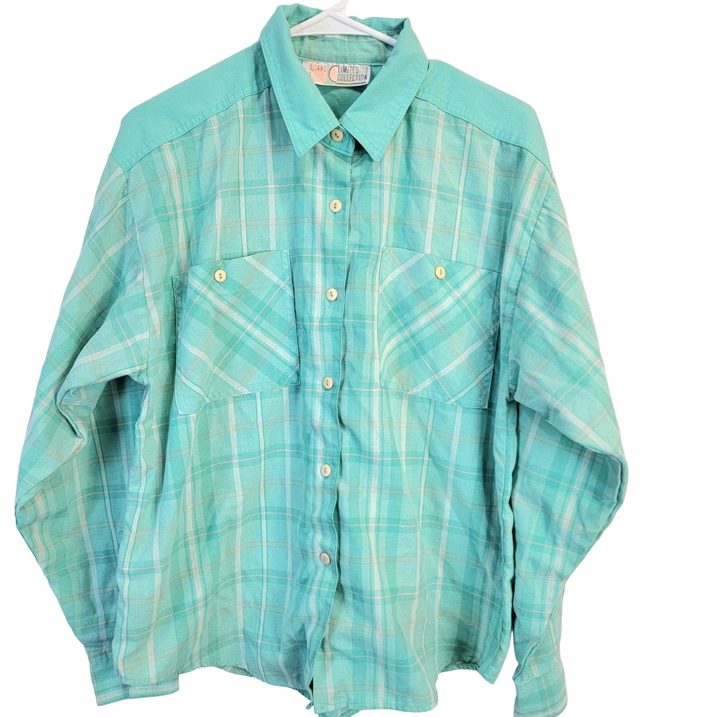 Gitano Vintage 90s Plaid Shirt Women Large Button Collar Top Blue Pink