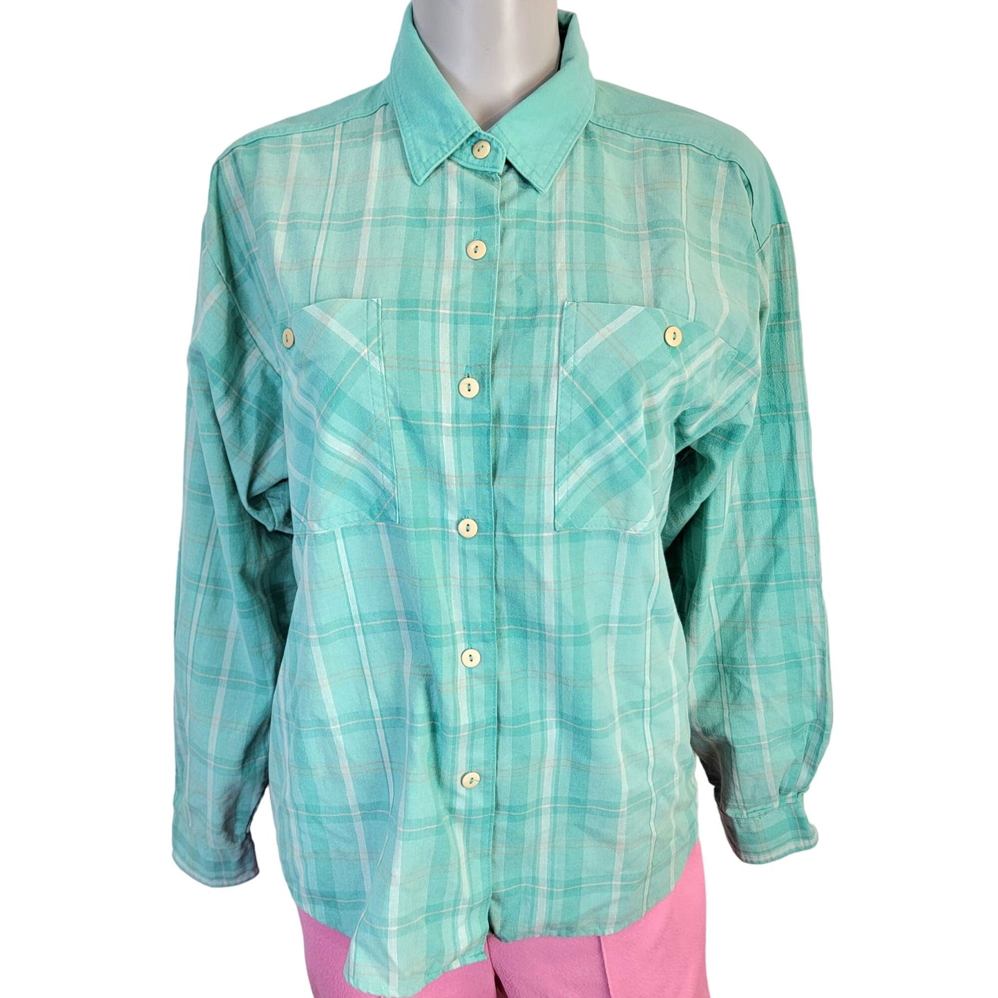 Gitano Vintage 90s Plaid Shirt Women Large Button Collar Top Blue Pink