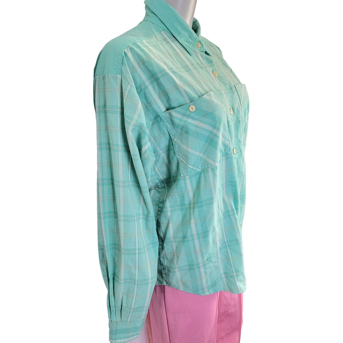 Gitano Vintage 90s Plaid Shirt Women Large Button Collar Top Blue Pink
