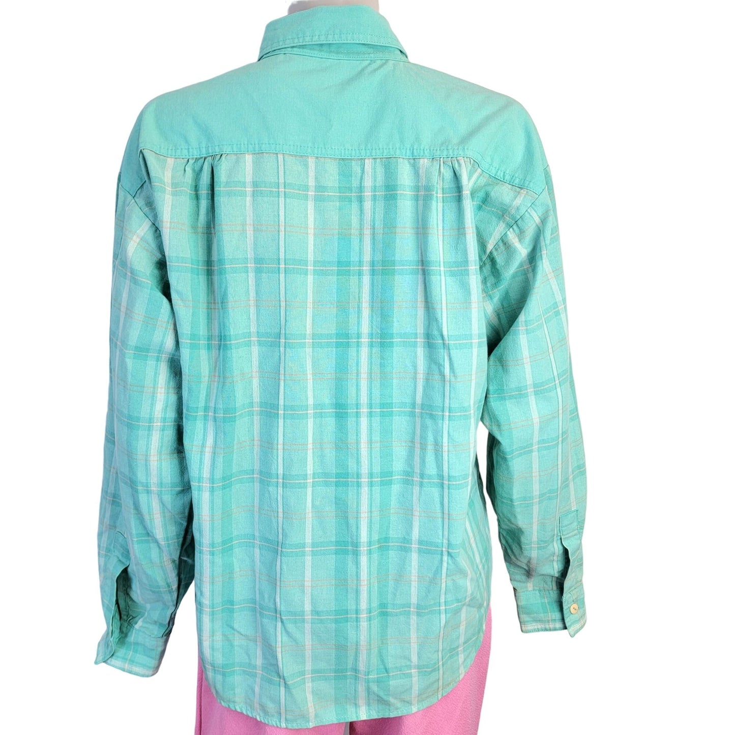 Gitano Vintage 90s Plaid Shirt Women Large Button Collar Top Blue Pink