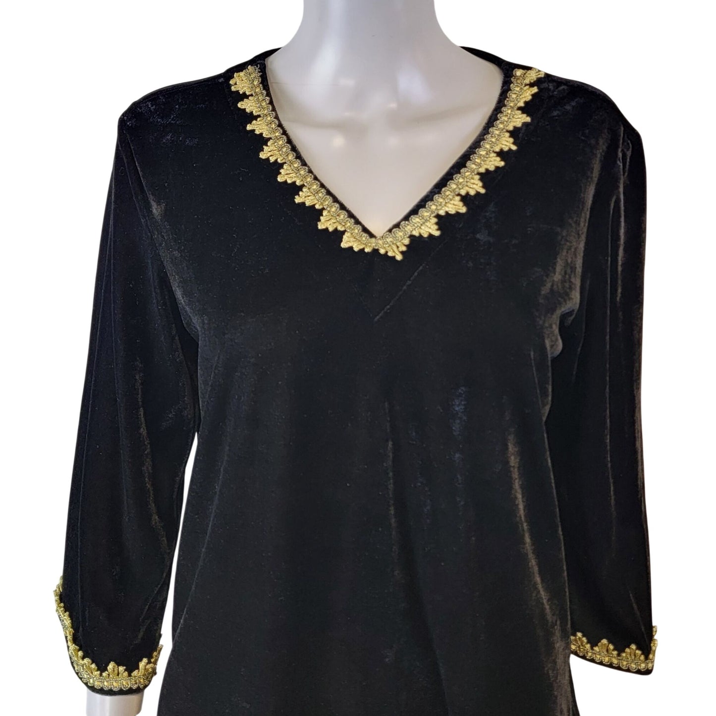 Vintage 90s Black Velvet Shirt Women Medium Gold Silk Blouse Top