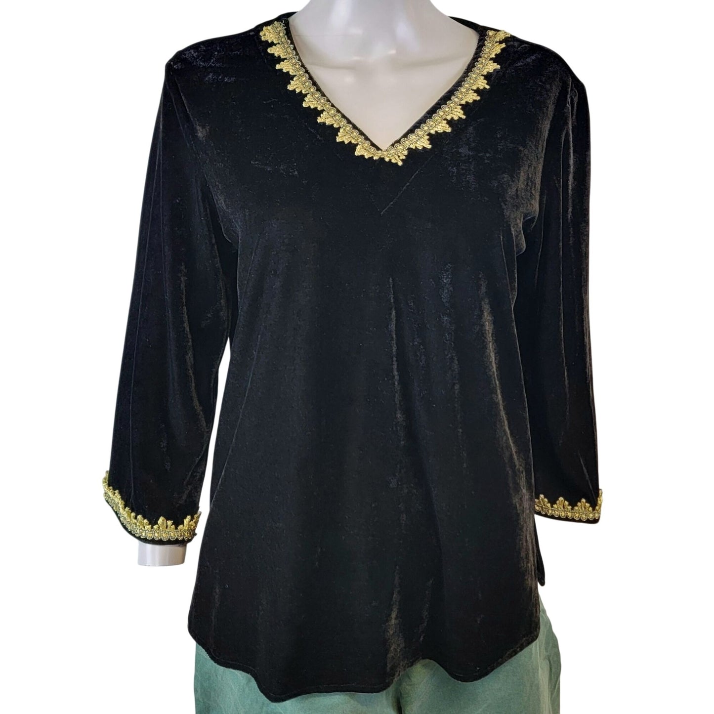 Vintage 90s Black Velvet Shirt Women Medium Gold Silk Blouse Top