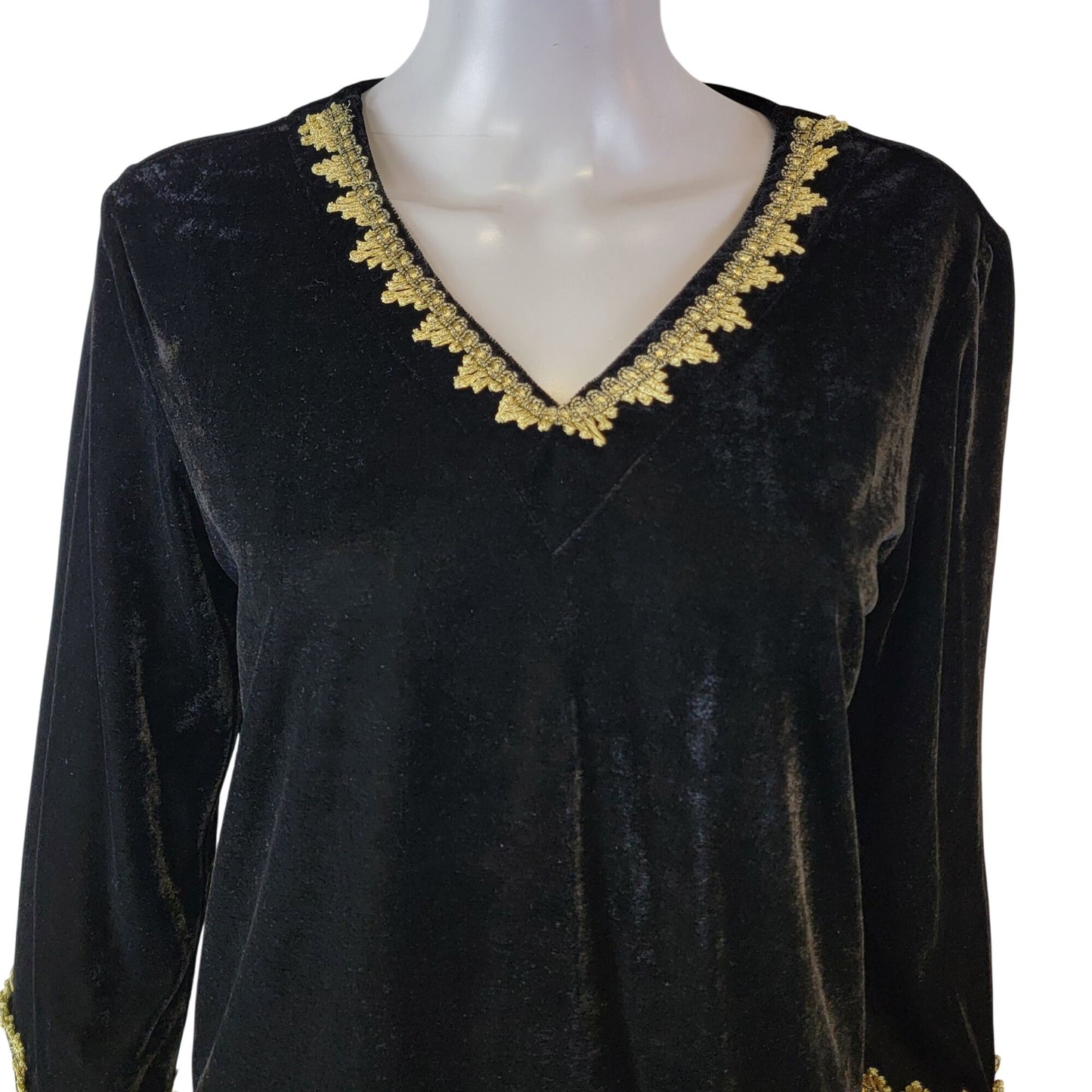 Vintage 90s Black Velvet Shirt Women Medium Gold Silk Blouse Top