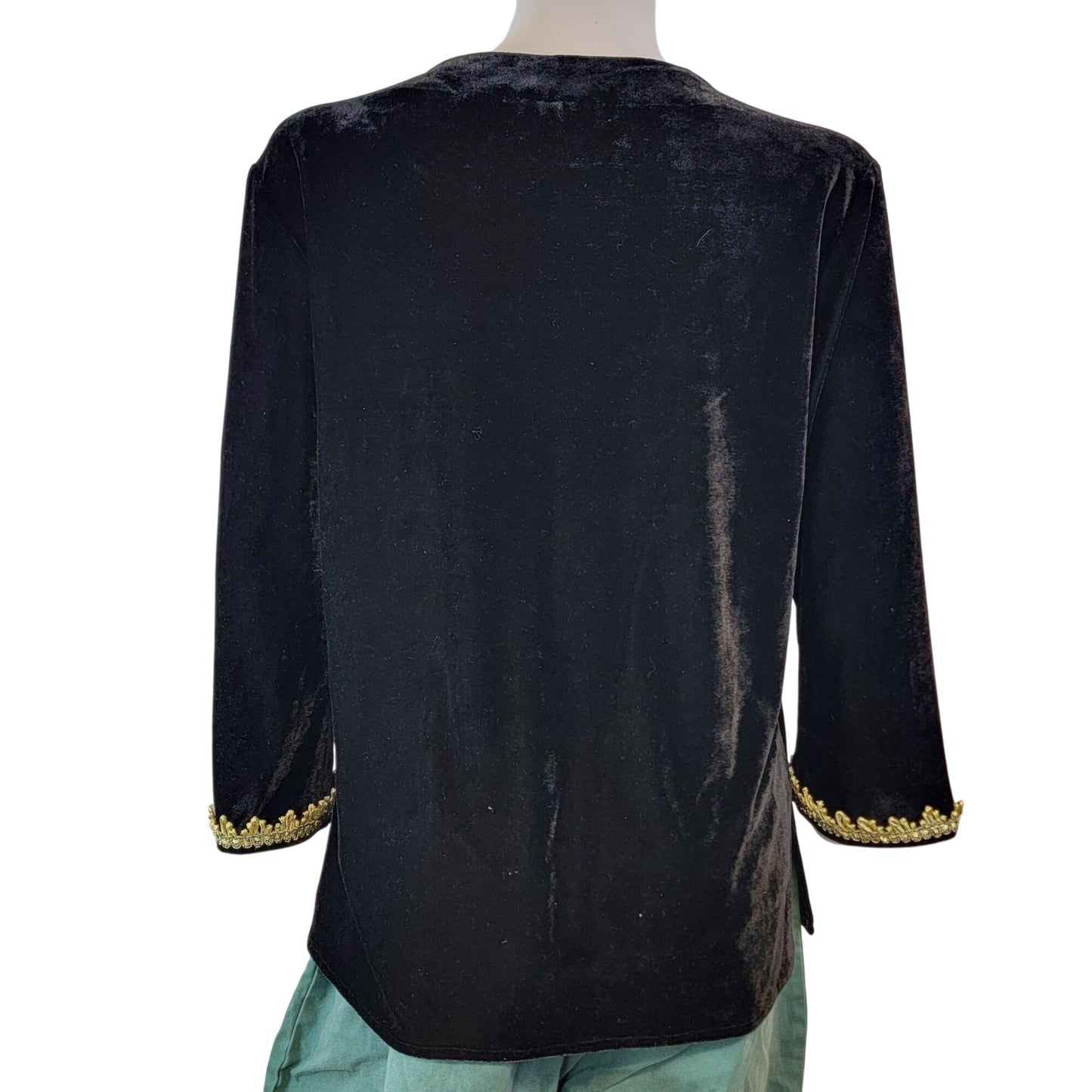 Vintage 90s Black Velvet Shirt Women Medium Gold Silk Blouse Top