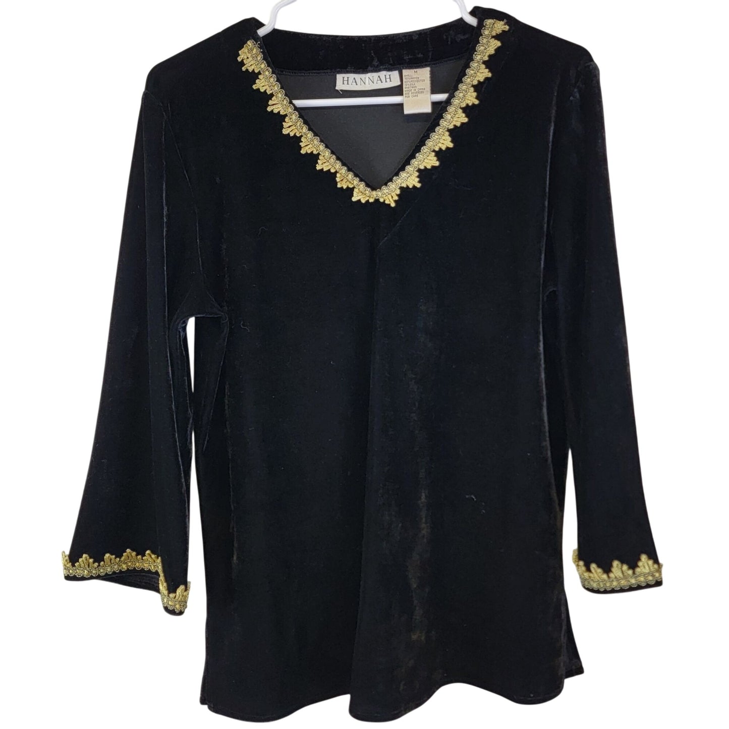 Vintage 90s Black Velvet Shirt Women Medium Gold Silk Blouse Top
