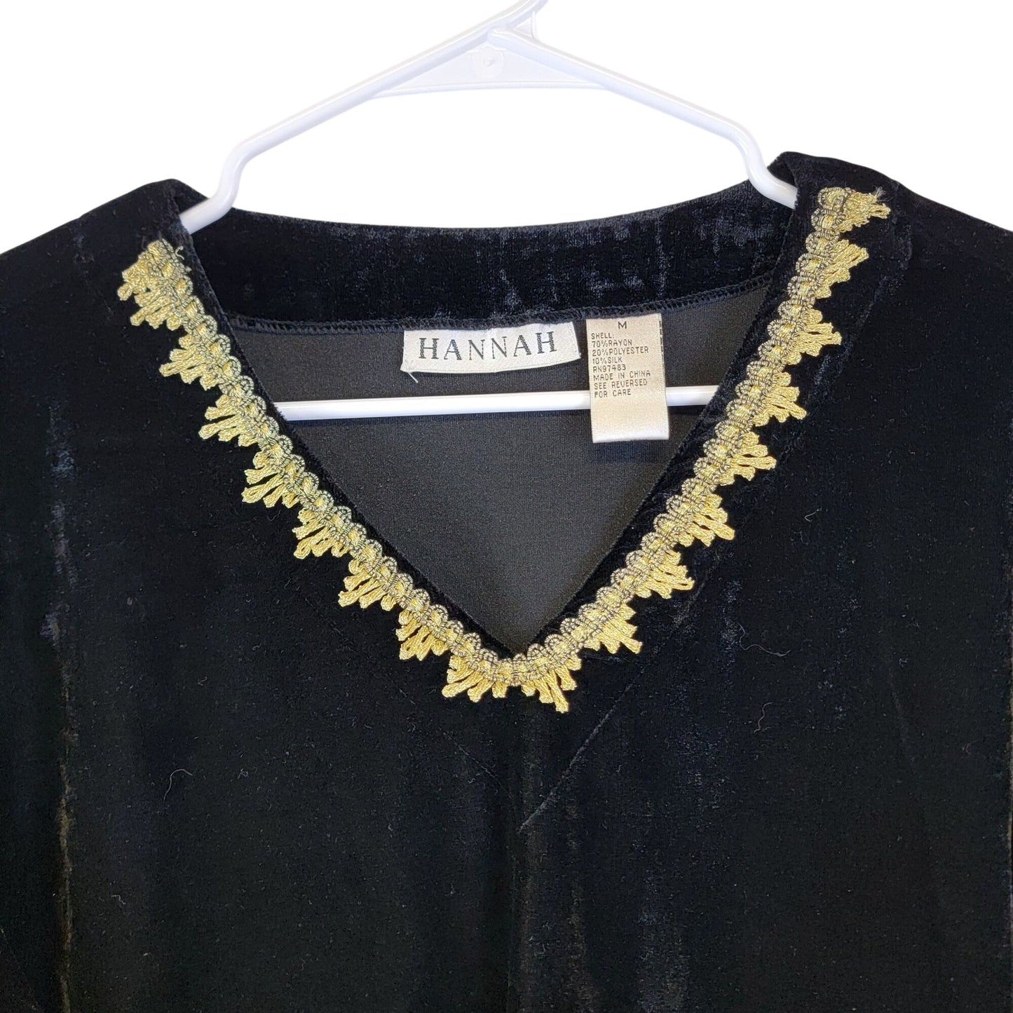 Vintage 90s Black Velvet Shirt Women Medium Gold Silk Blouse Top