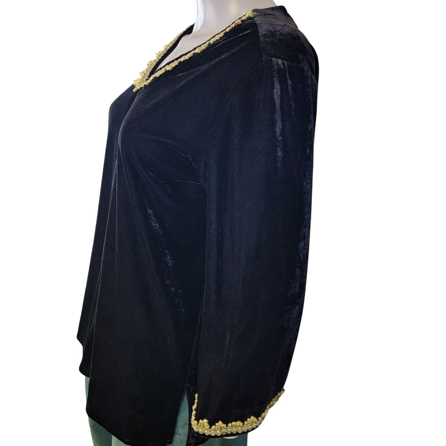 Vintage 90s Black Velvet Shirt Women Medium Gold Silk Blouse Top