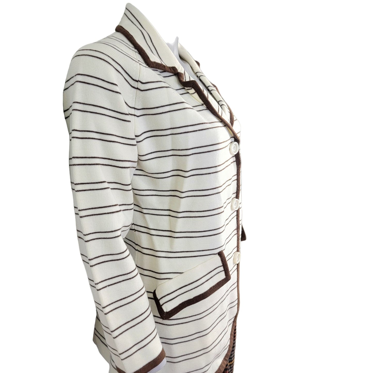 Vintage 70s Stripe Cardigan Sweater Women Medium Blazer Jacket Cream Brown