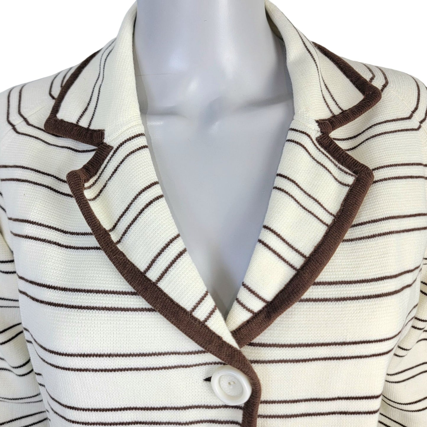 Vintage 70s Stripe Cardigan Sweater Women Medium Blazer Jacket Cream Brown