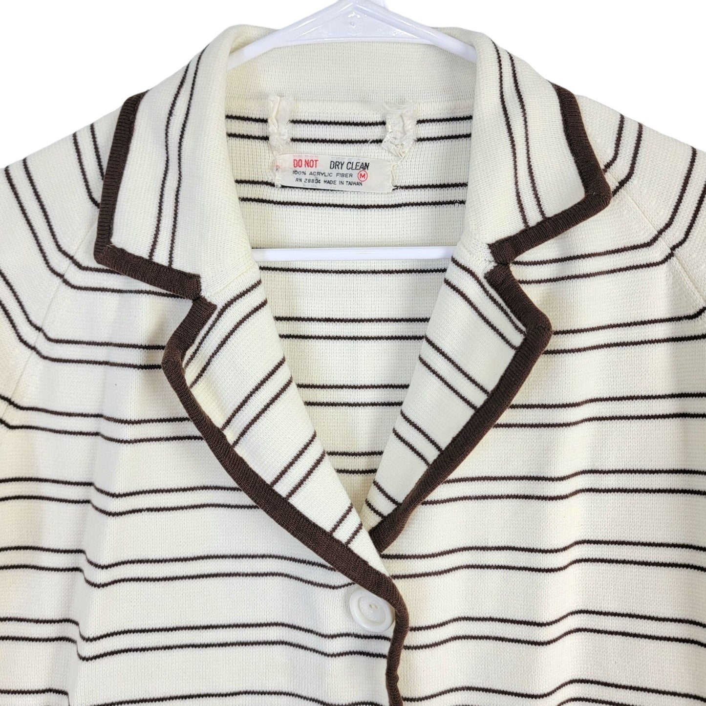 Vintage 70s Stripe Cardigan Sweater Women Medium Blazer Jacket Cream Brown