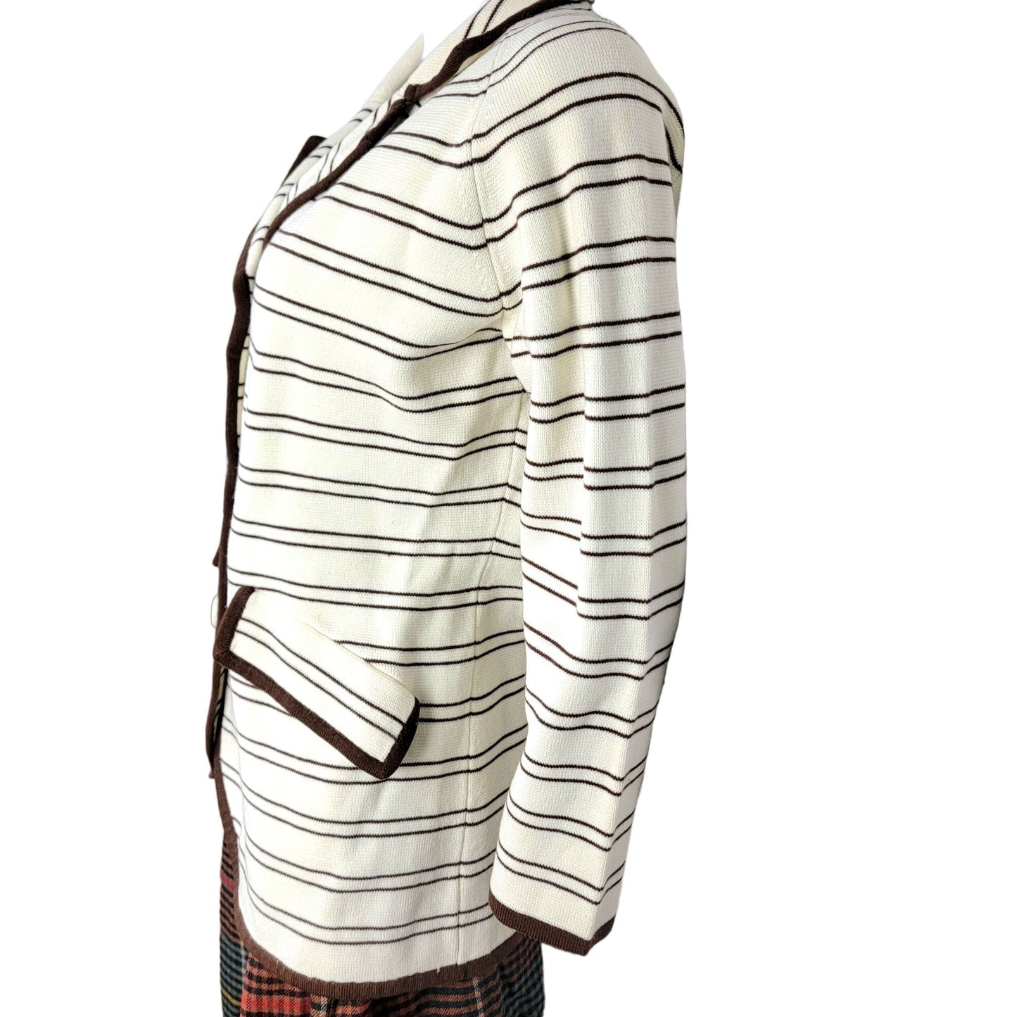 Vintage 70s Stripe Cardigan Sweater Women Medium Blazer Jacket Cream Brown