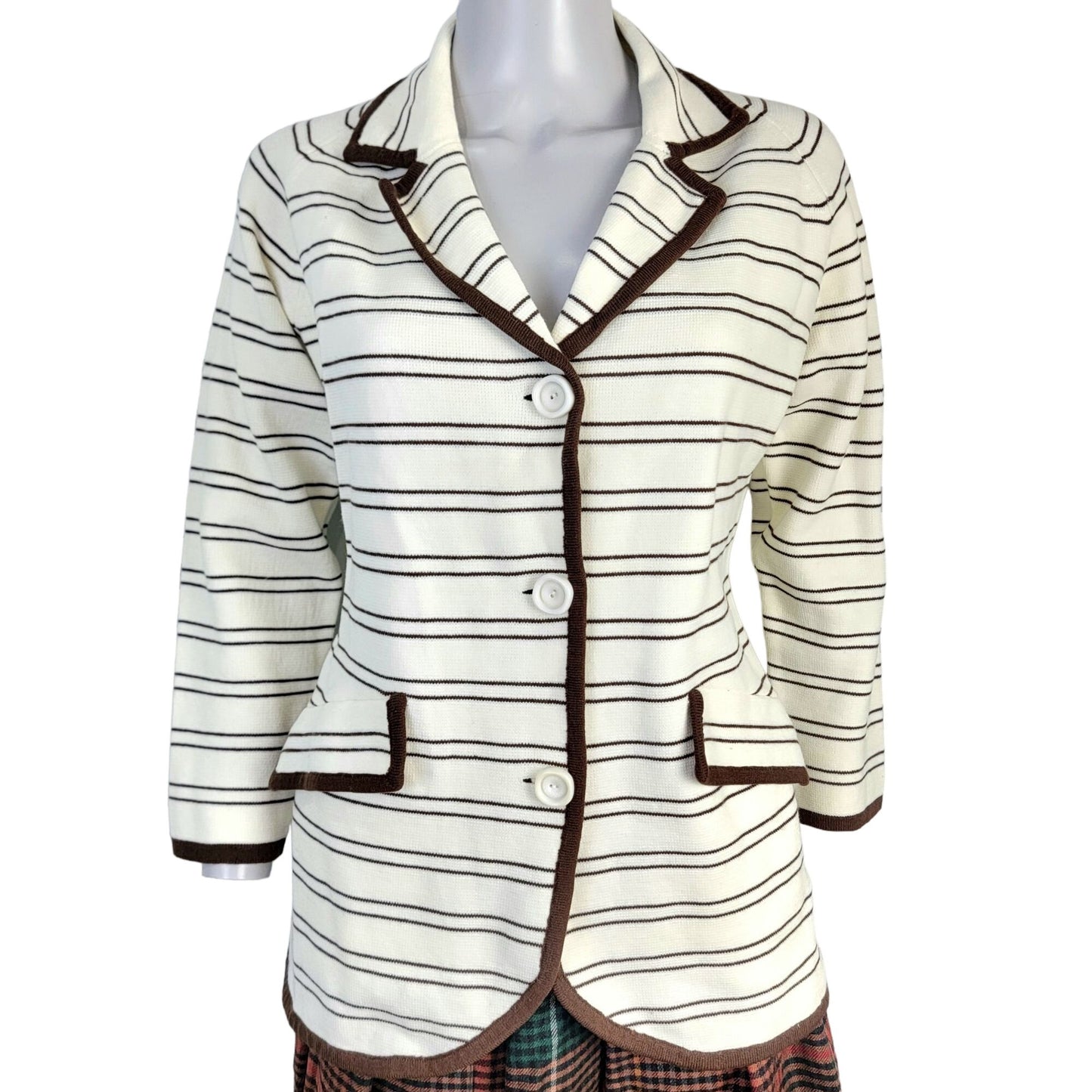 Vintage 70s Stripe Cardigan Sweater Women Medium Blazer Jacket Cream Brown