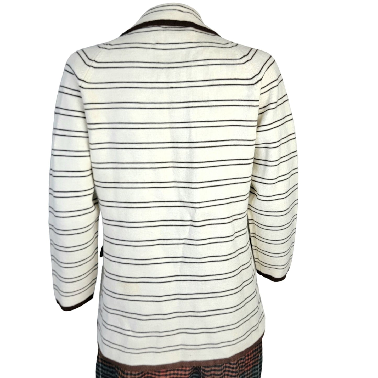 Vintage 70s Stripe Cardigan Sweater Women Medium Blazer Jacket Cream Brown