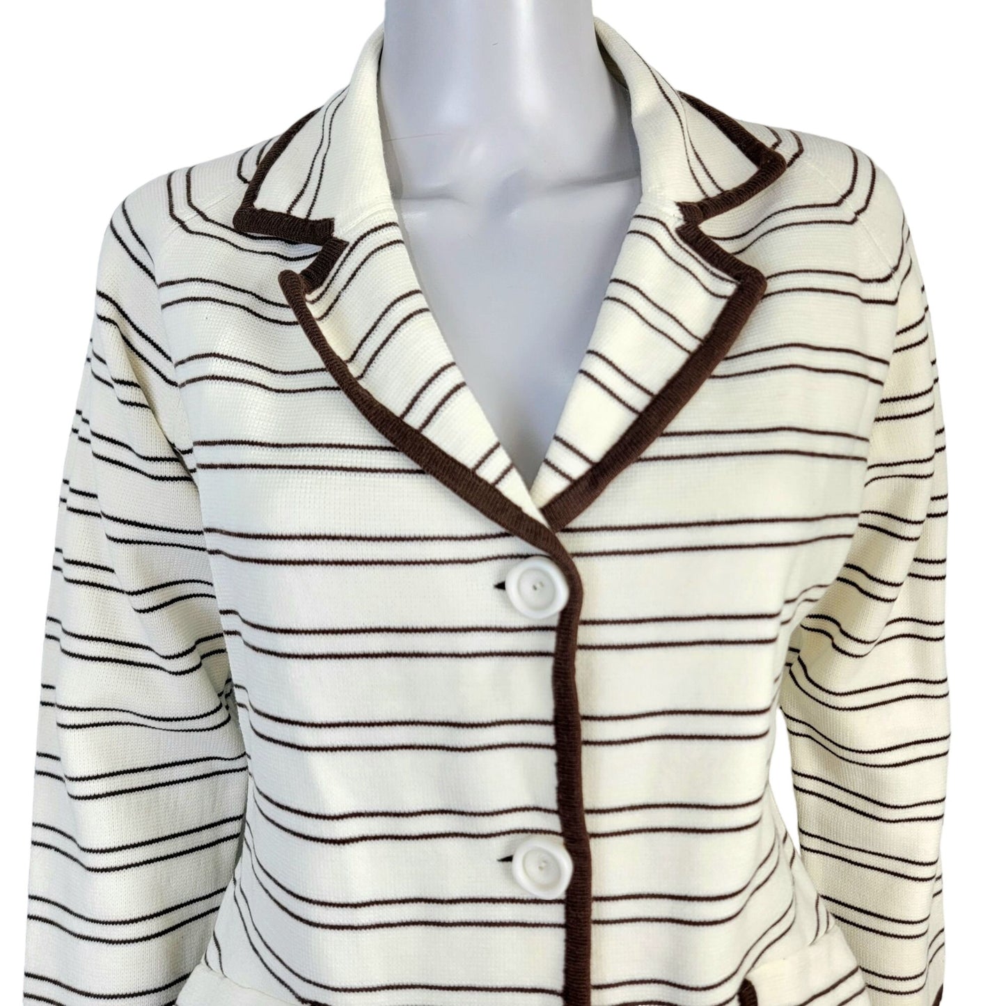 Vintage 70s Stripe Cardigan Sweater Women Medium Blazer Jacket Cream Brown