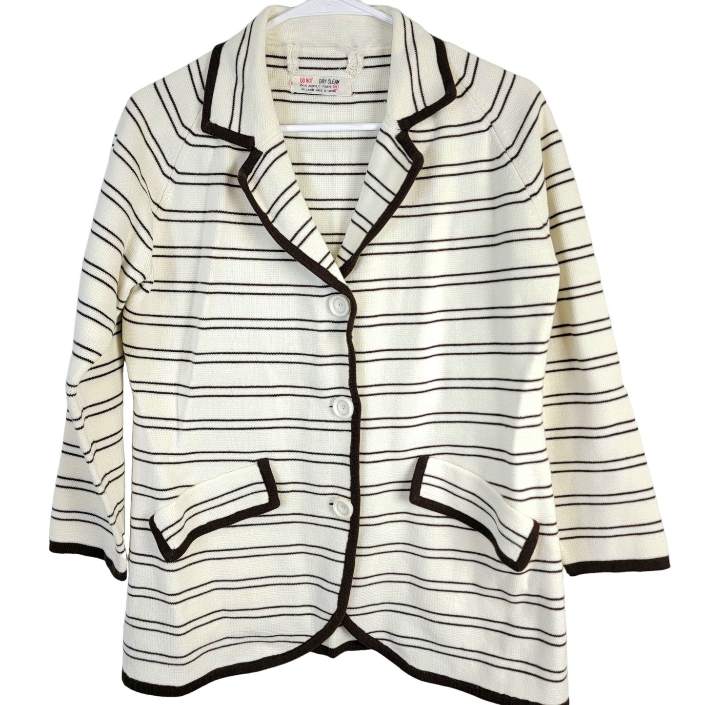 Vintage 70s Stripe Cardigan Sweater Women Medium Blazer Jacket Cream Brown