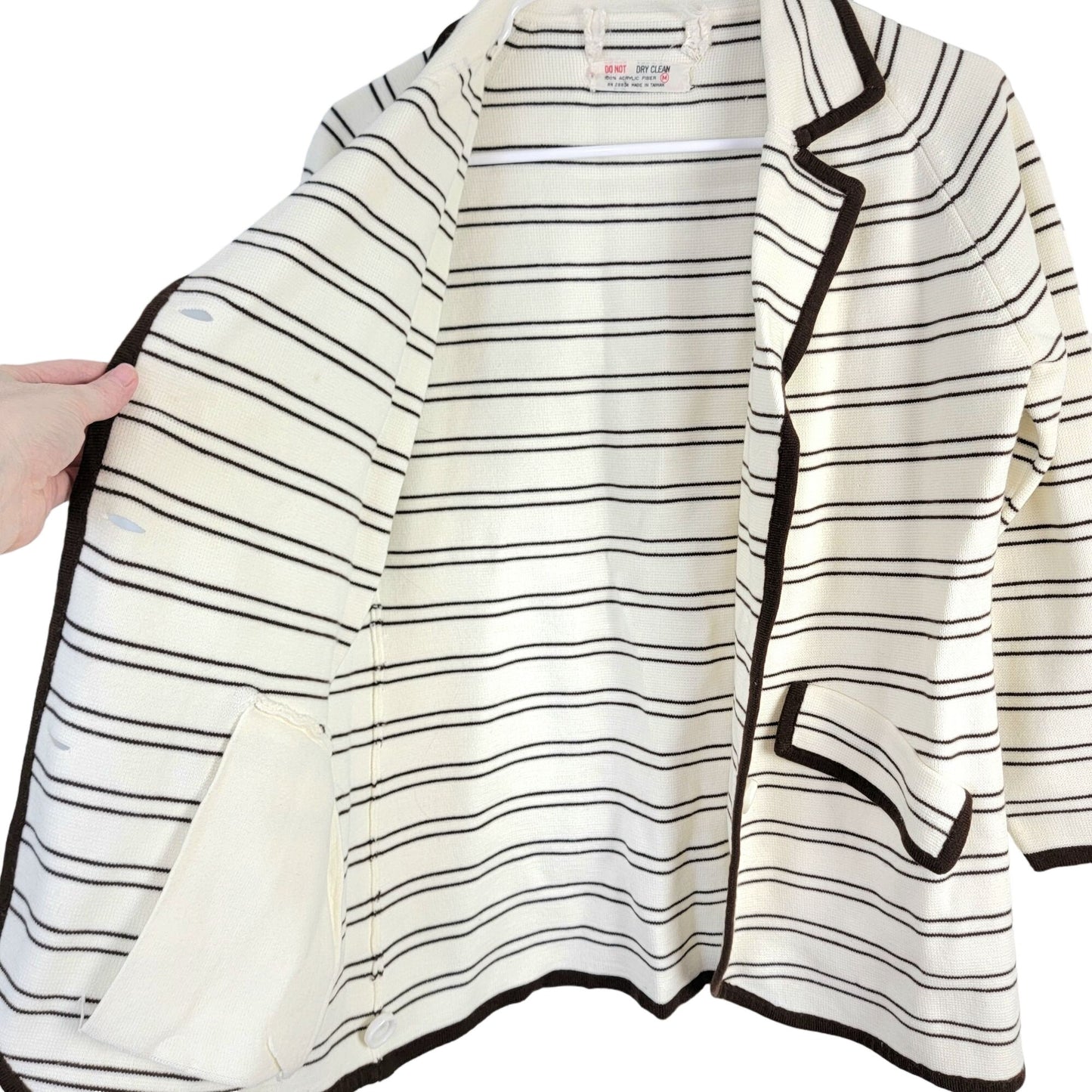 Vintage 70s Stripe Cardigan Sweater Women Medium Blazer Jacket Cream Brown