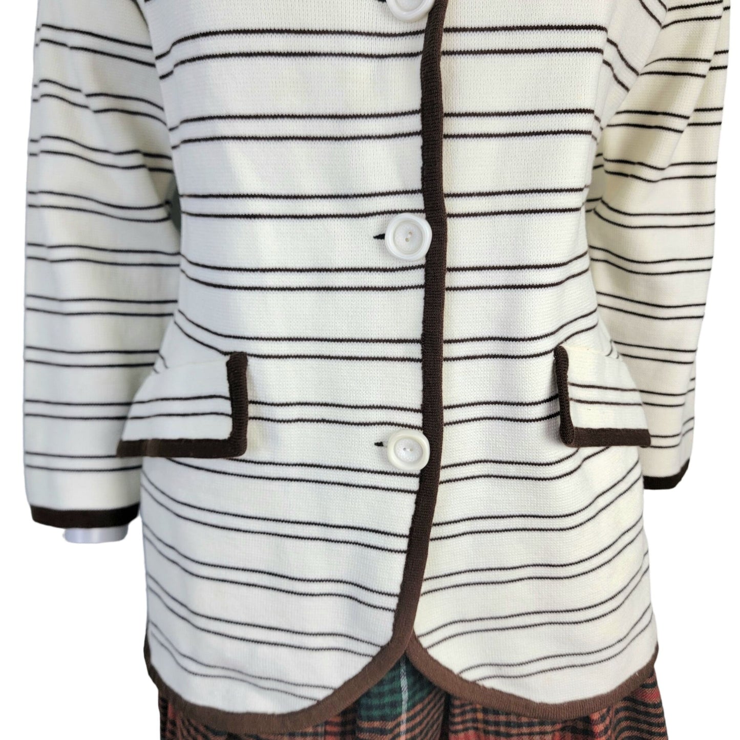 Vintage 70s Stripe Cardigan Sweater Women Medium Blazer Jacket Cream Brown