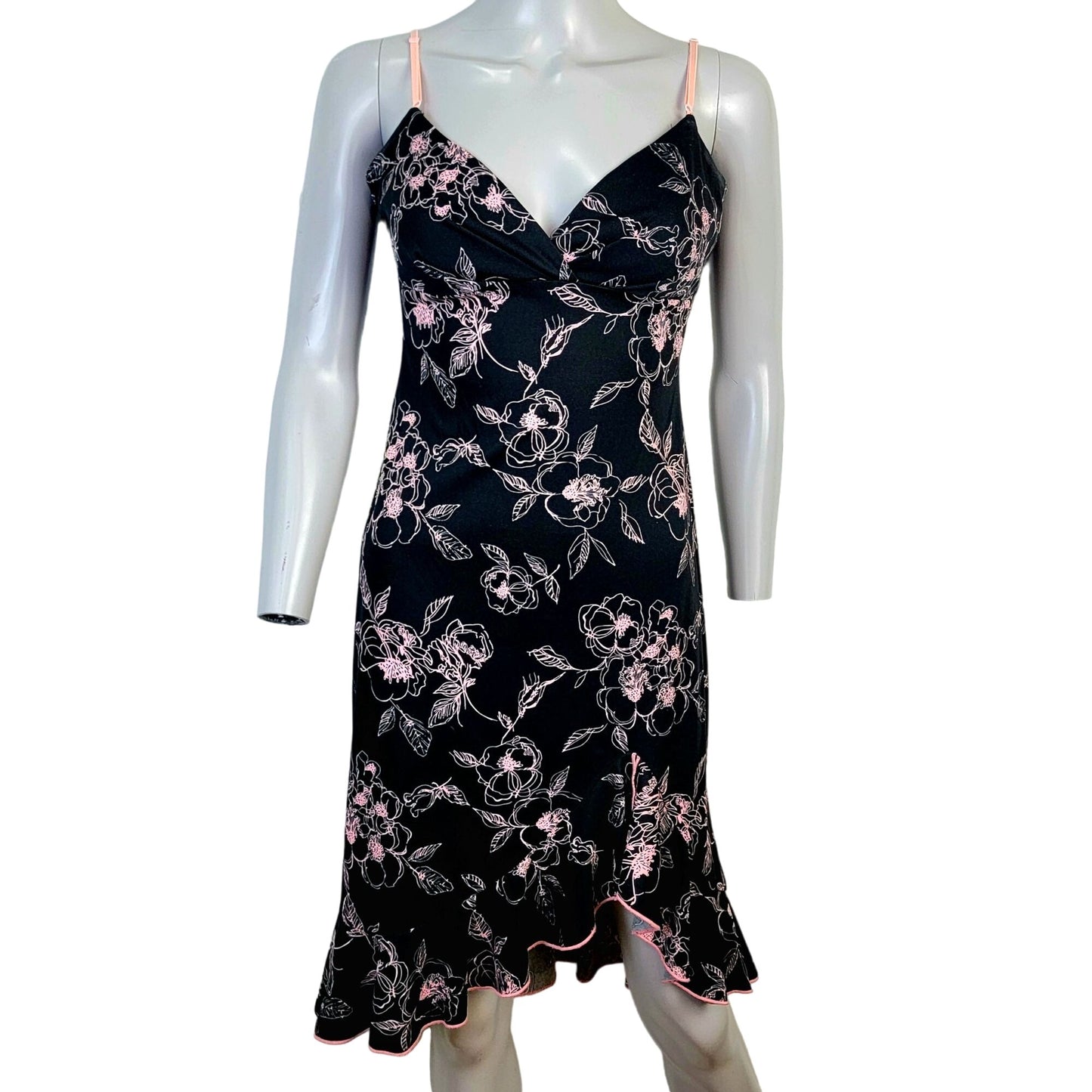 Vintage 90s Floral Dress Women Medium 8 Ruffle Knee Length Black Pink New