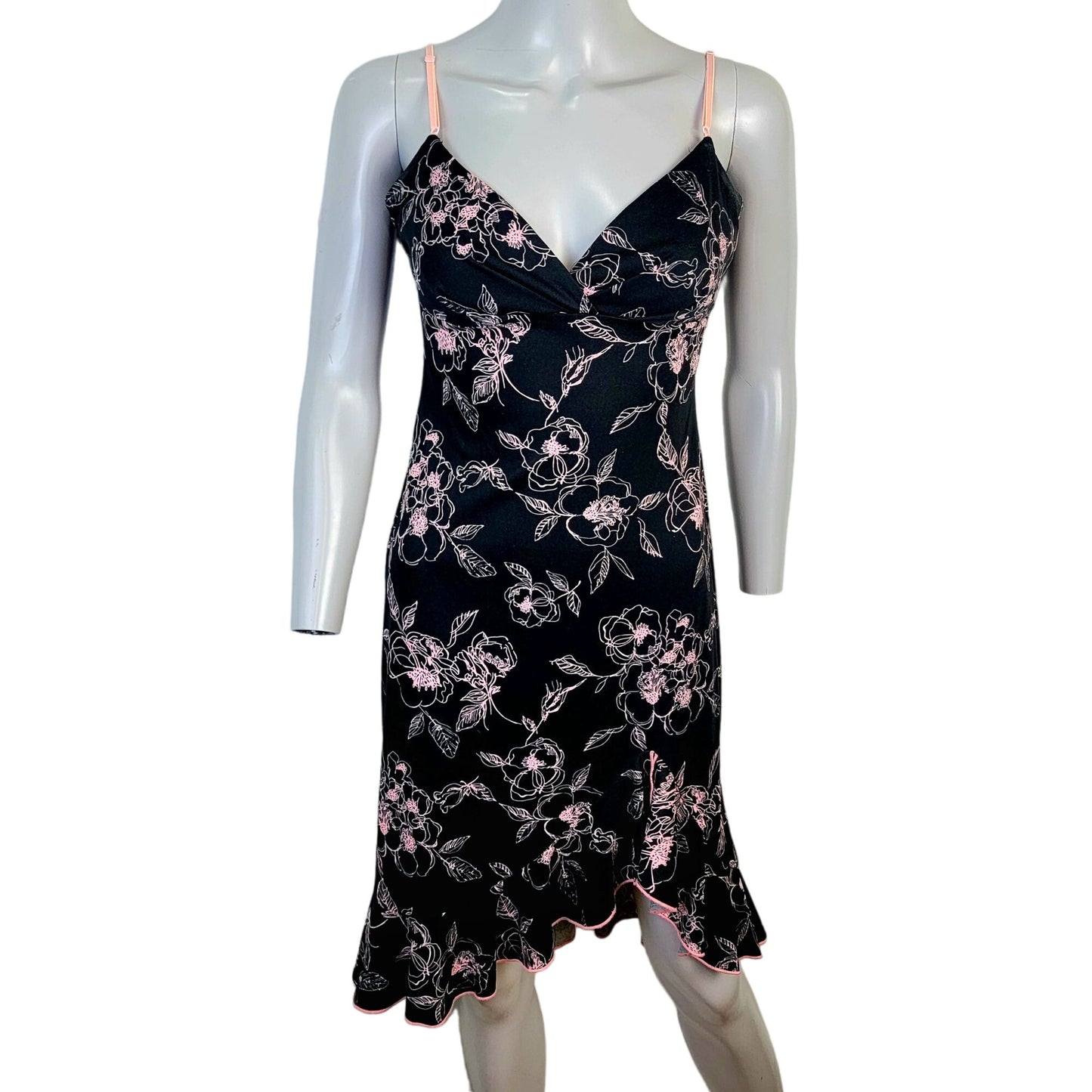 Vintage 90s Floral Dress Women Medium 8 Ruffle Knee Length Black Pink New