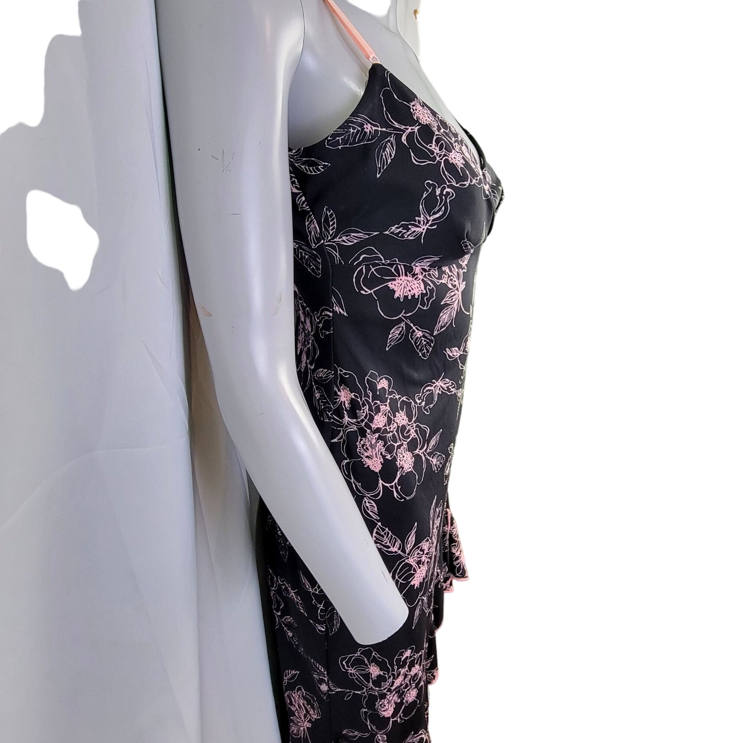 Vintage 90s Floral Dress Women Medium 8 Ruffle Knee Length Black Pink New