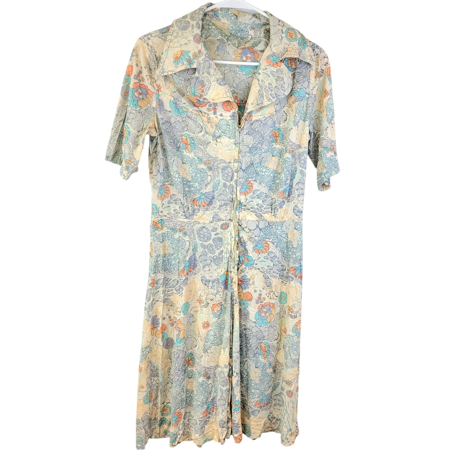 Vintage 70s Nylon Shirt Dress Women Medium Blue Floral Knee Length