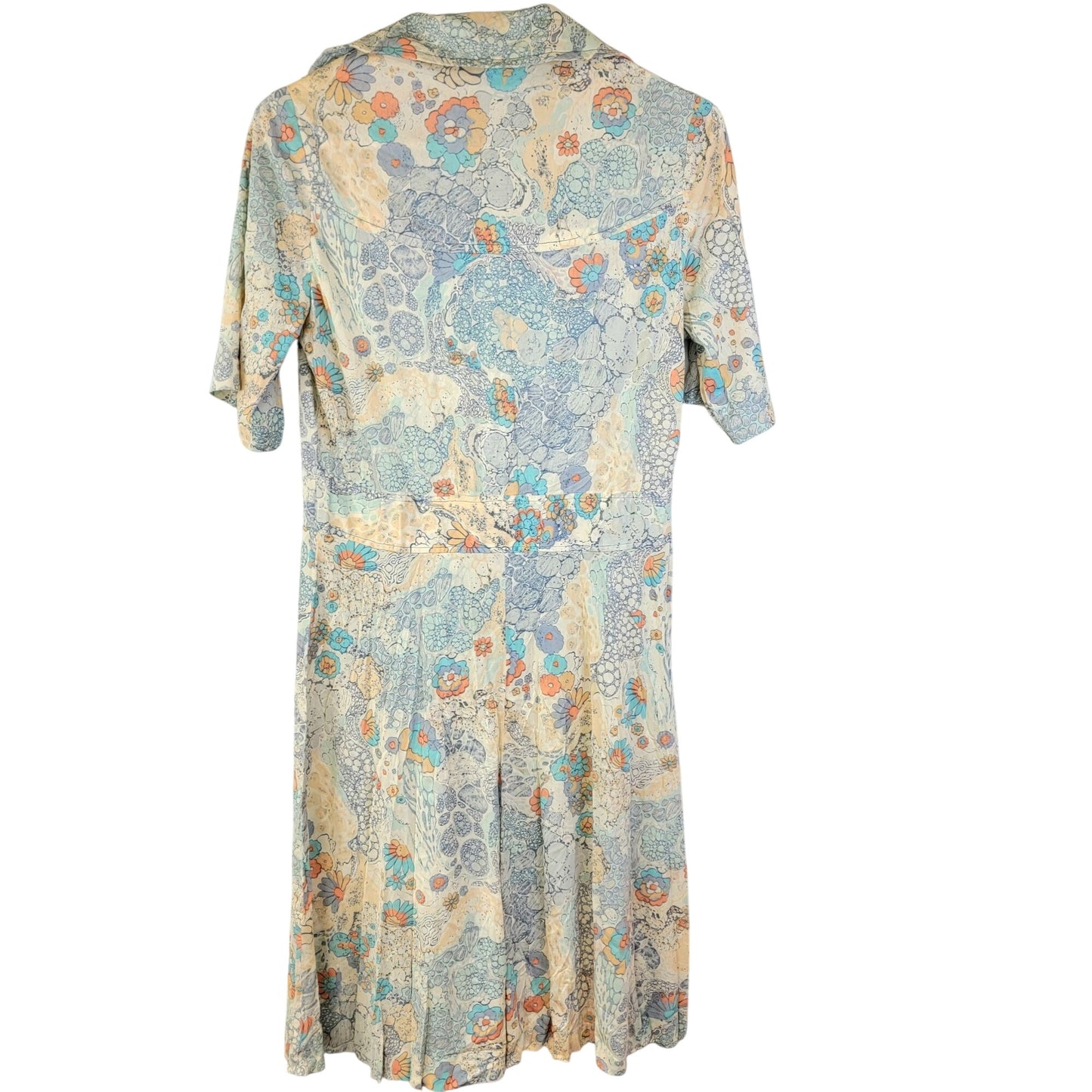 Vintage 70s Nylon Shirt Dress Women Medium Blue Floral Knee Length