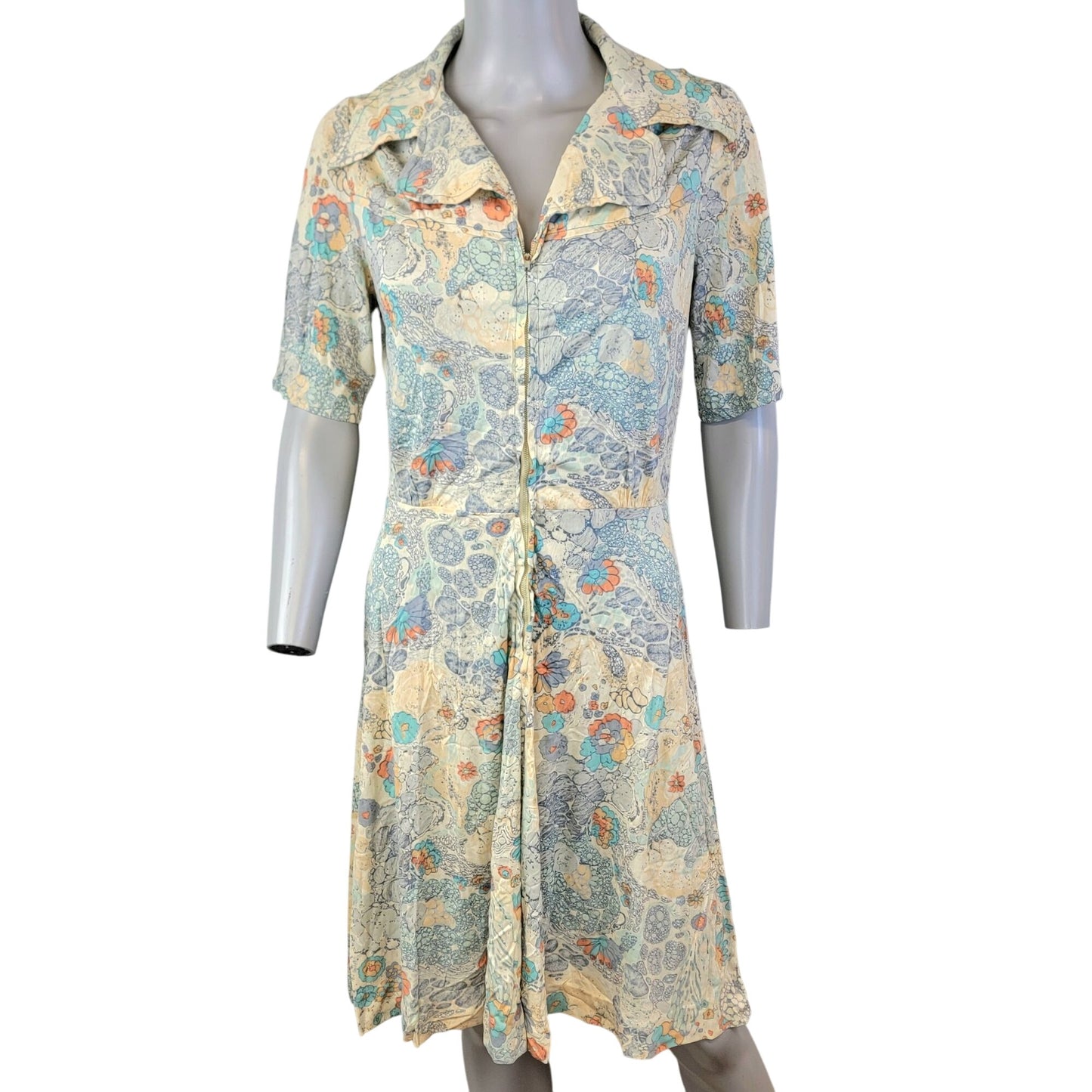 Vintage 70s Nylon Shirt Dress Women Medium Blue Floral Knee Length