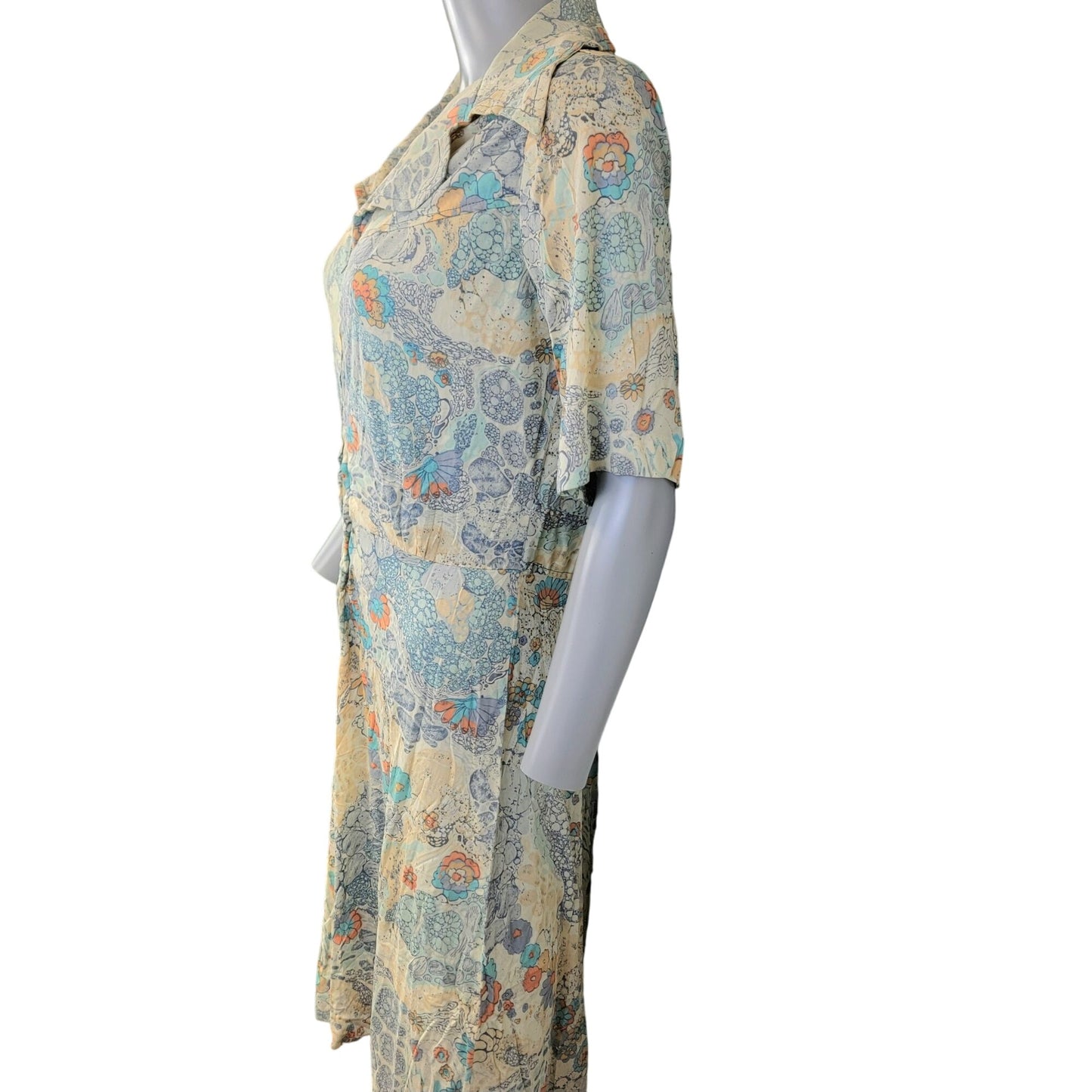 Vintage 70s Nylon Shirt Dress Women Medium Blue Floral Knee Length