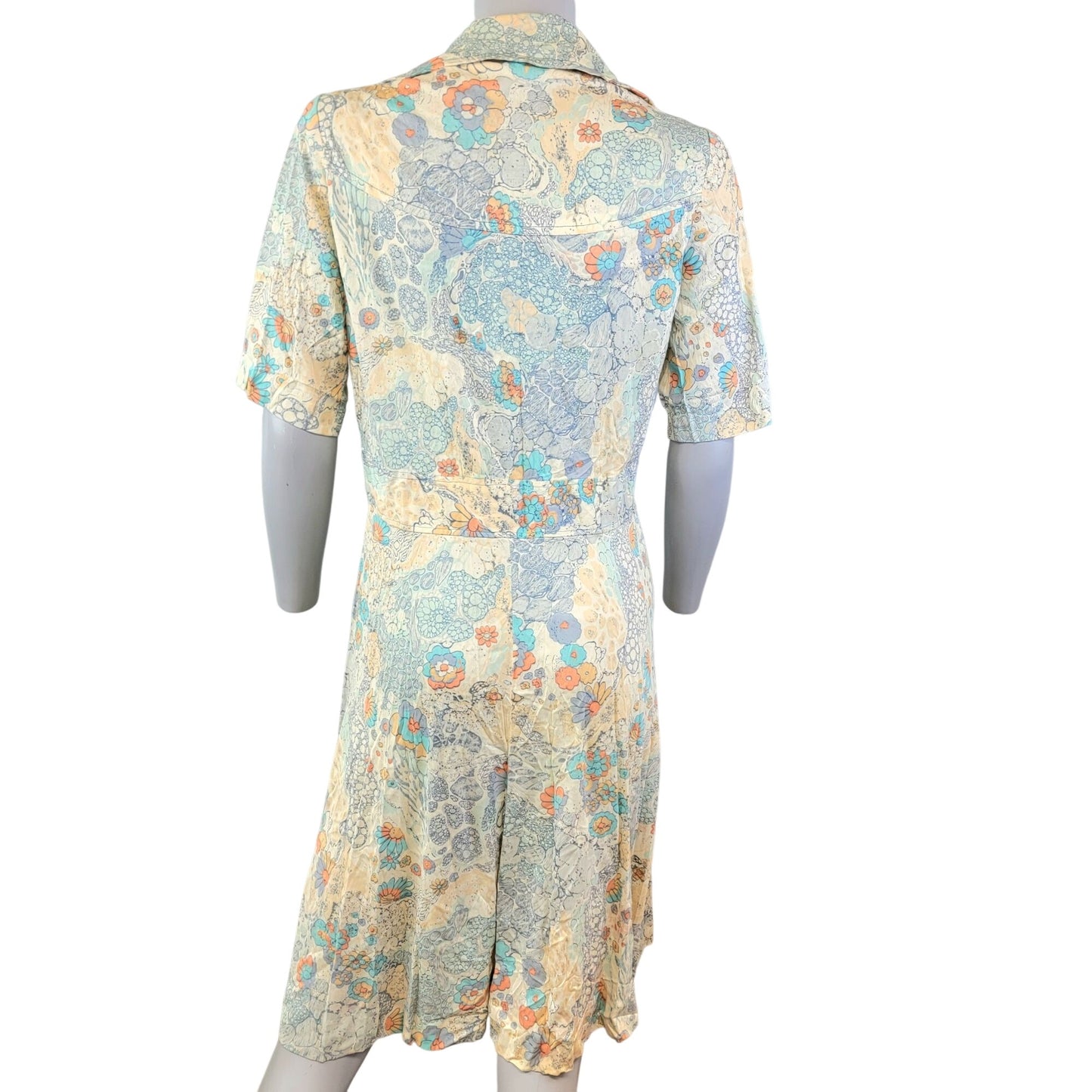 Vintage 70s Nylon Shirt Dress Women Medium Blue Floral Knee Length