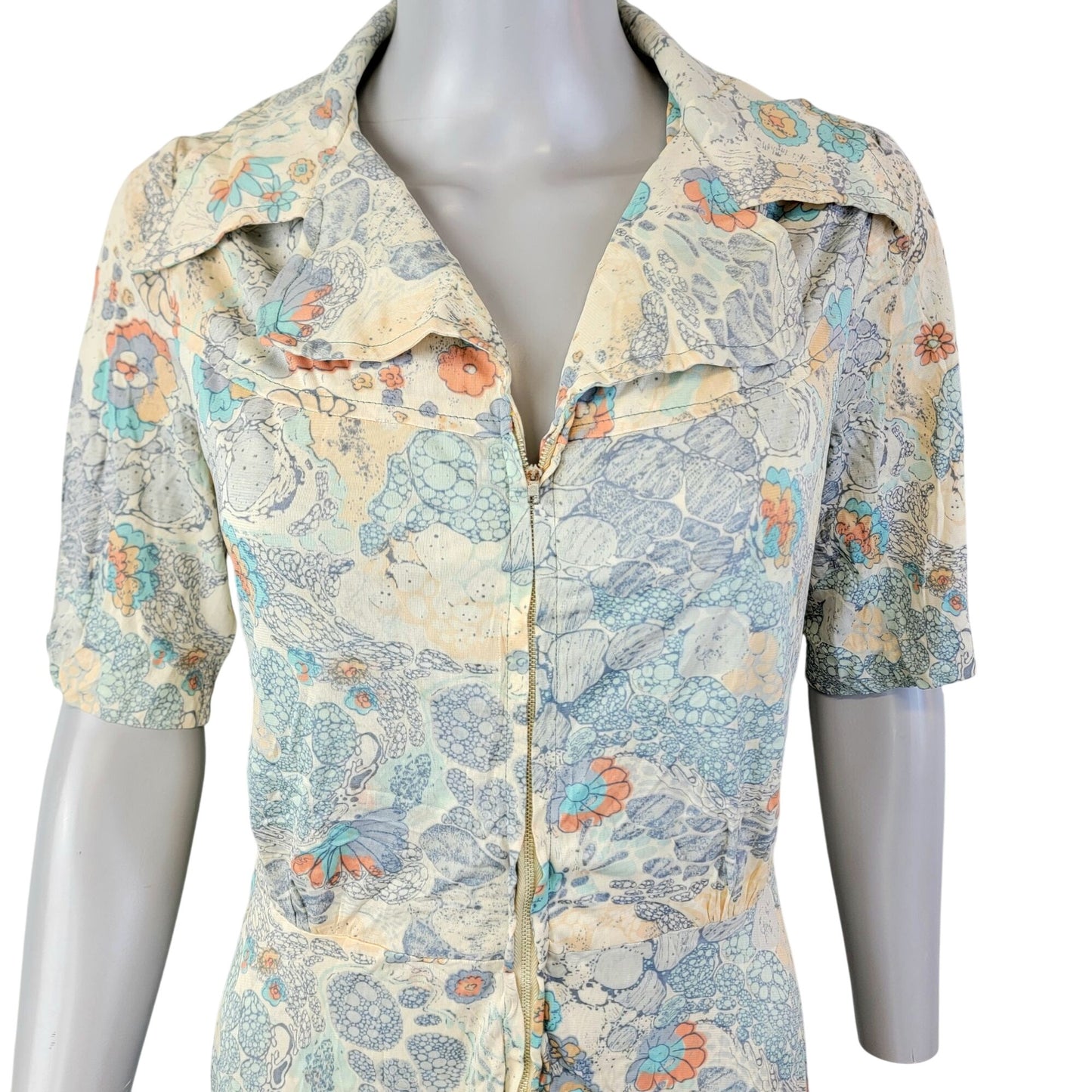 Vintage 70s Nylon Shirt Dress Women Medium Blue Floral Knee Length