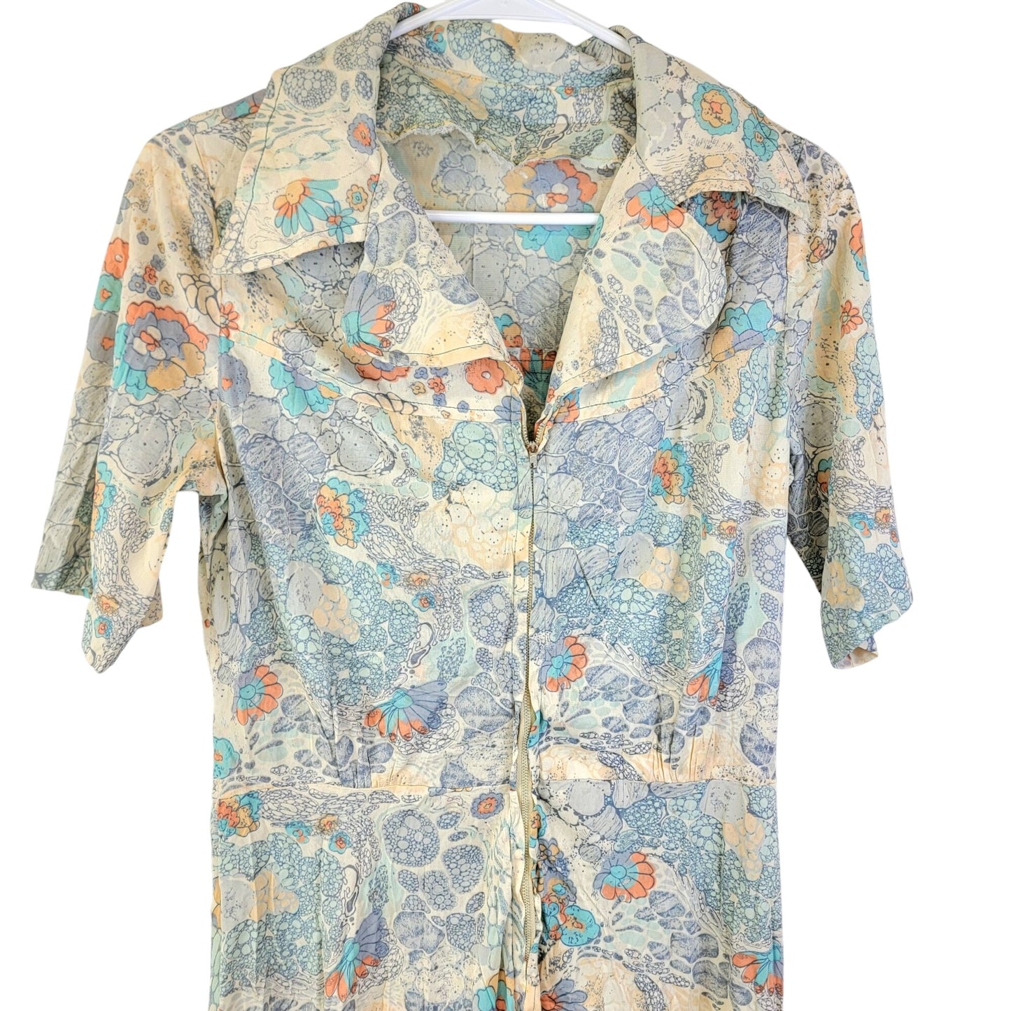 Vintage 70s Nylon Shirt Dress Women Medium Blue Floral Knee Length