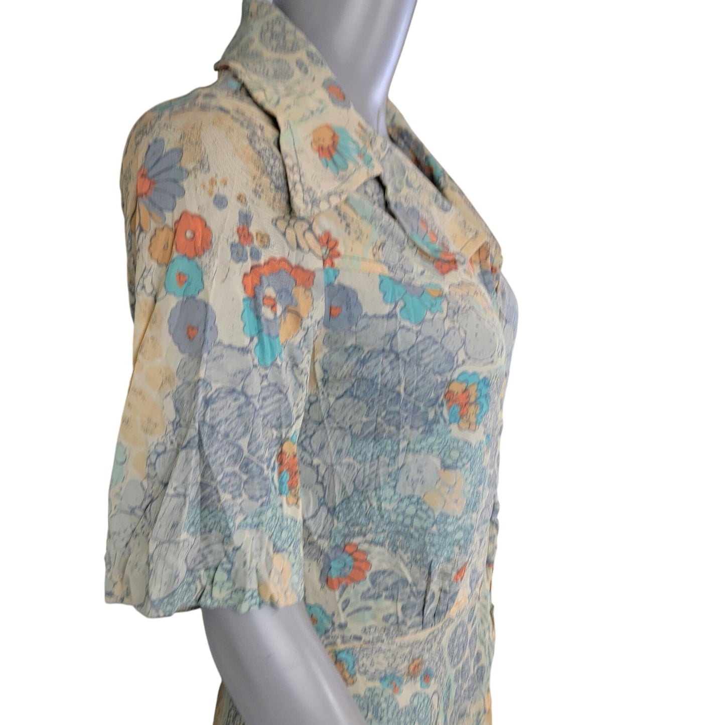 Vintage 70s Nylon Shirt Dress Women Medium Blue Floral Knee Length