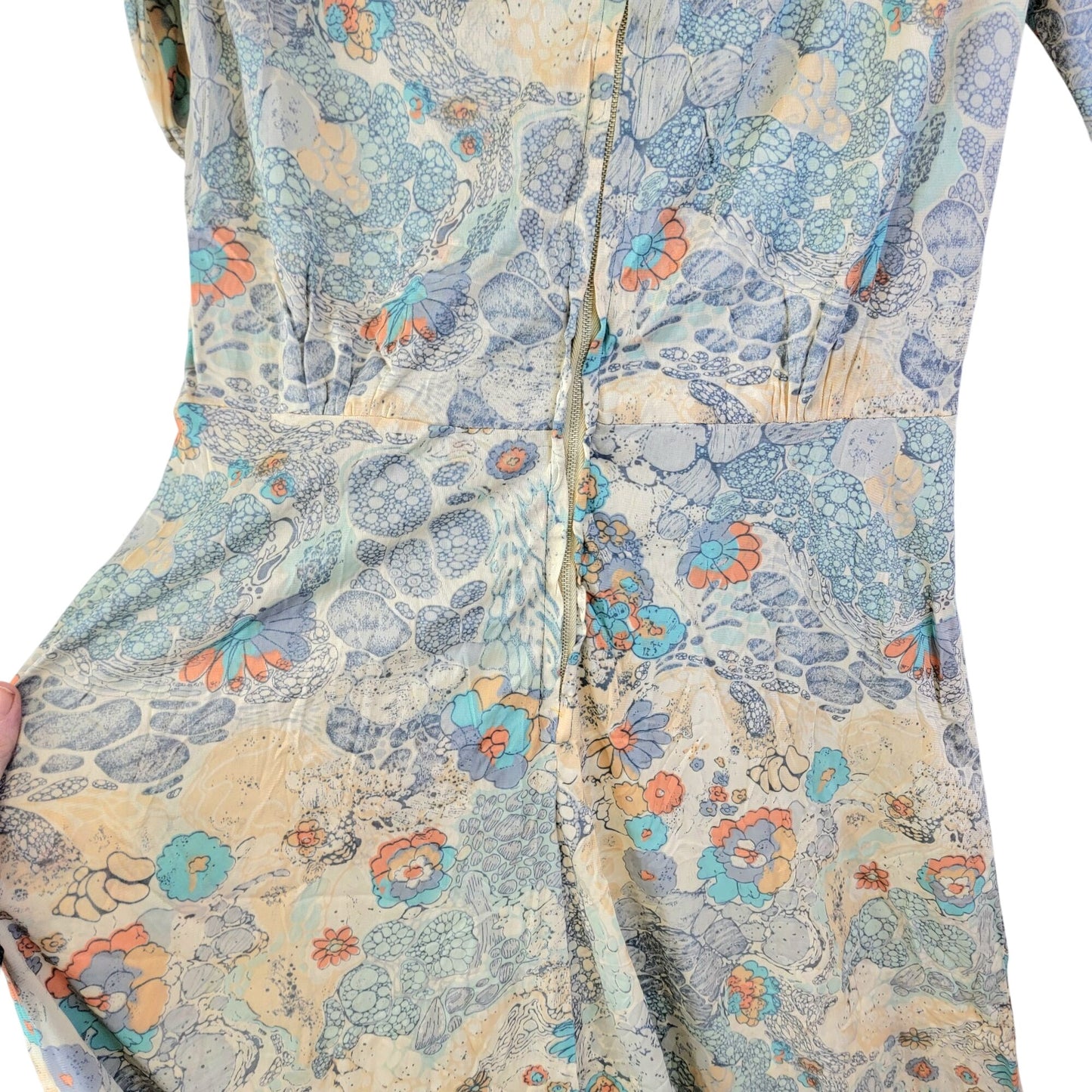 Vintage 70s Nylon Shirt Dress Women Medium Blue Floral Knee Length