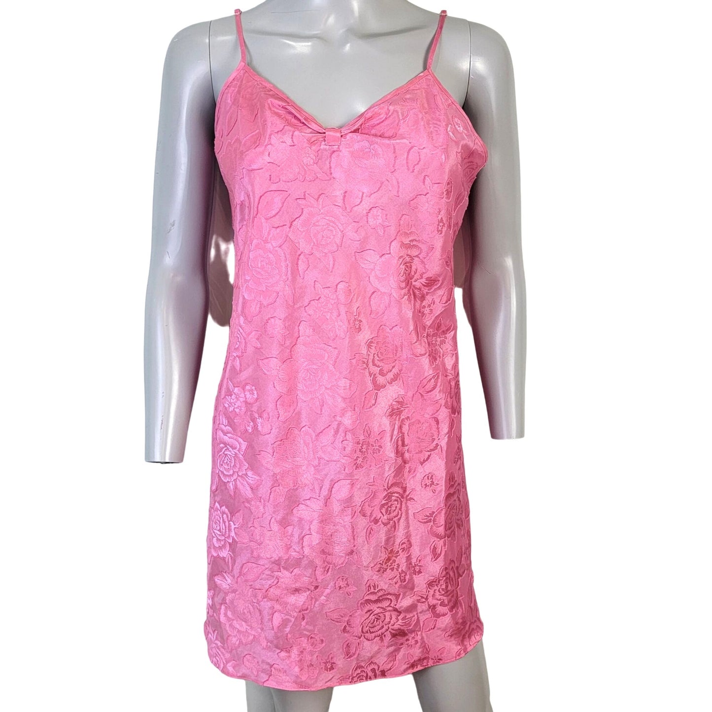 Vintage 90s Satin Lingerie Women Medium Pink Floral Slip Dress Nightgown