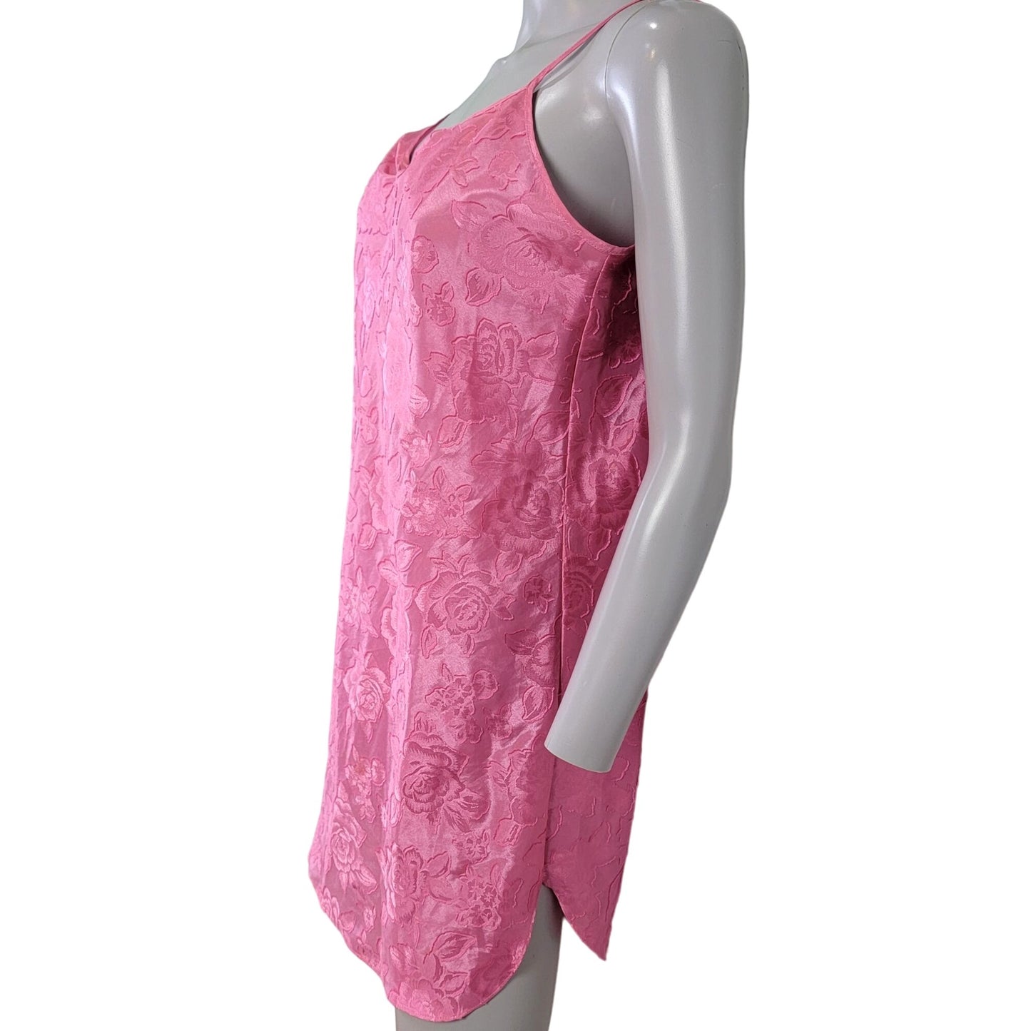 Vintage 90s Satin Lingerie Women Medium Pink Floral Slip Dress Nightgown