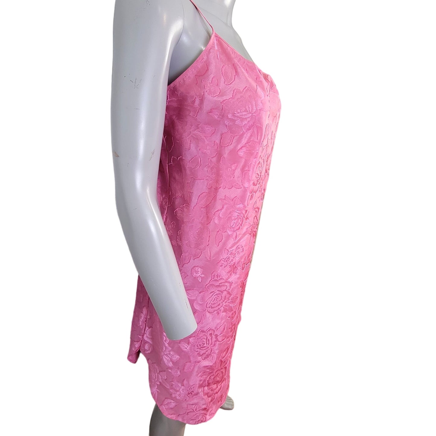 Vintage 90s Satin Lingerie Women Medium Pink Floral Slip Dress Nightgown