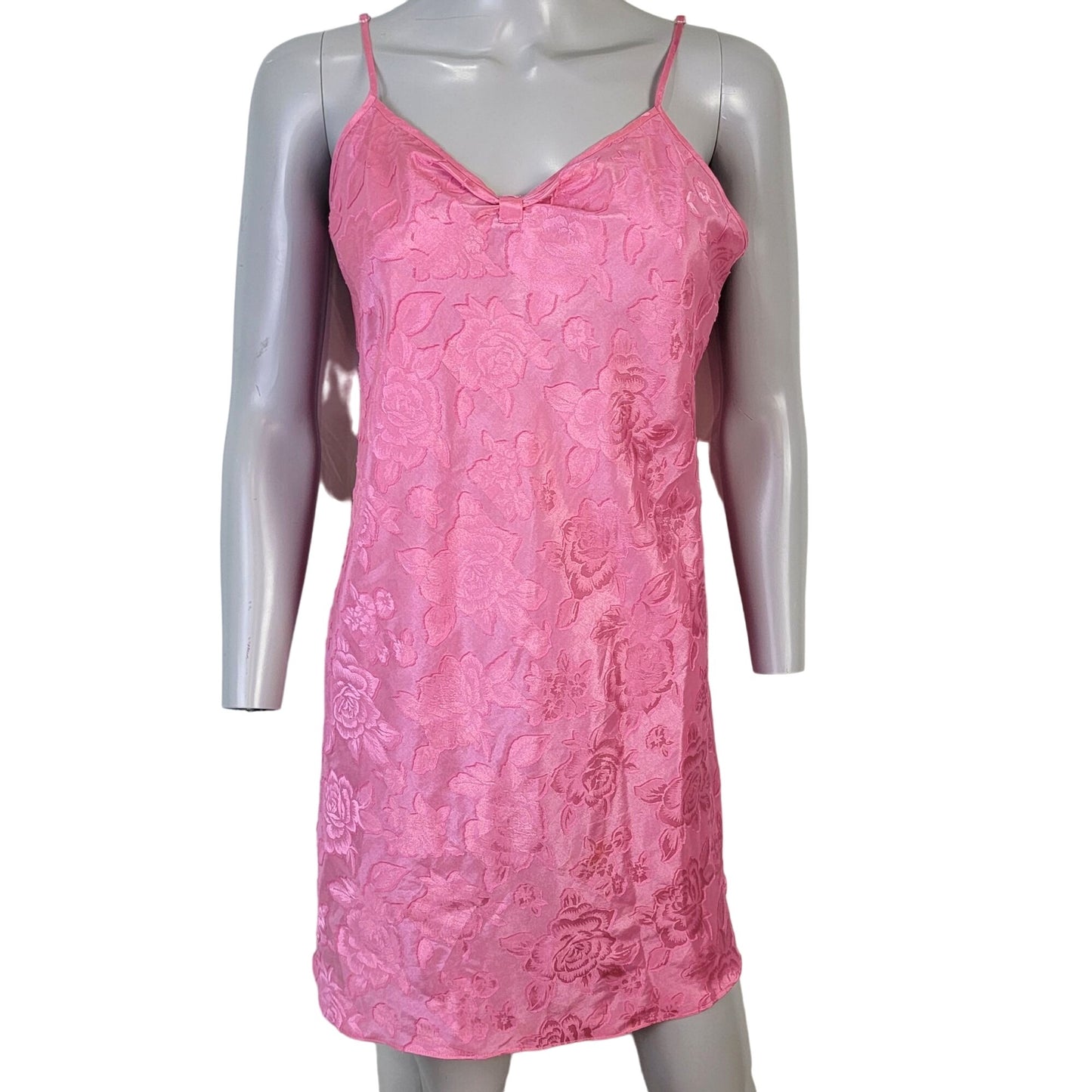 Vintage 90s Satin Lingerie Women Medium Pink Floral Slip Dress Nightgown