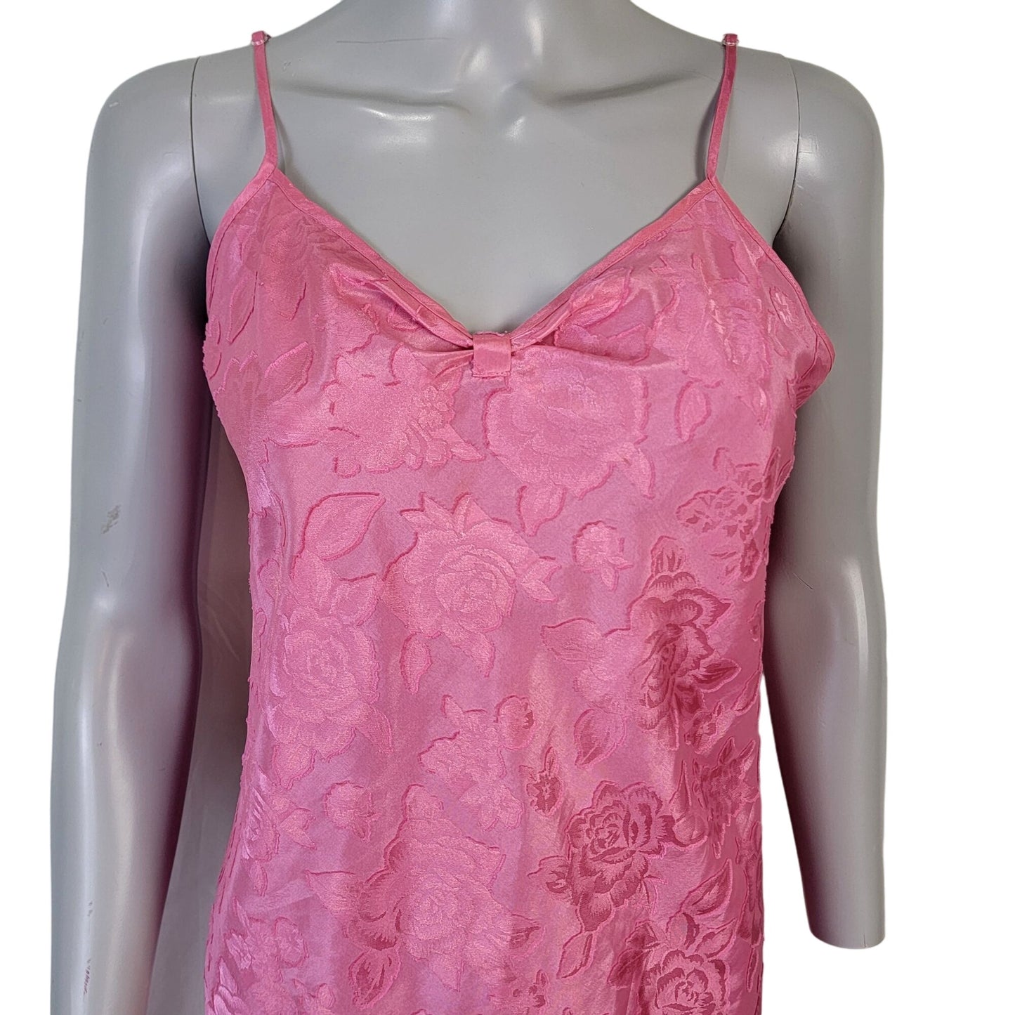 Vintage 90s Satin Lingerie Women Medium Pink Floral Slip Dress Nightgown