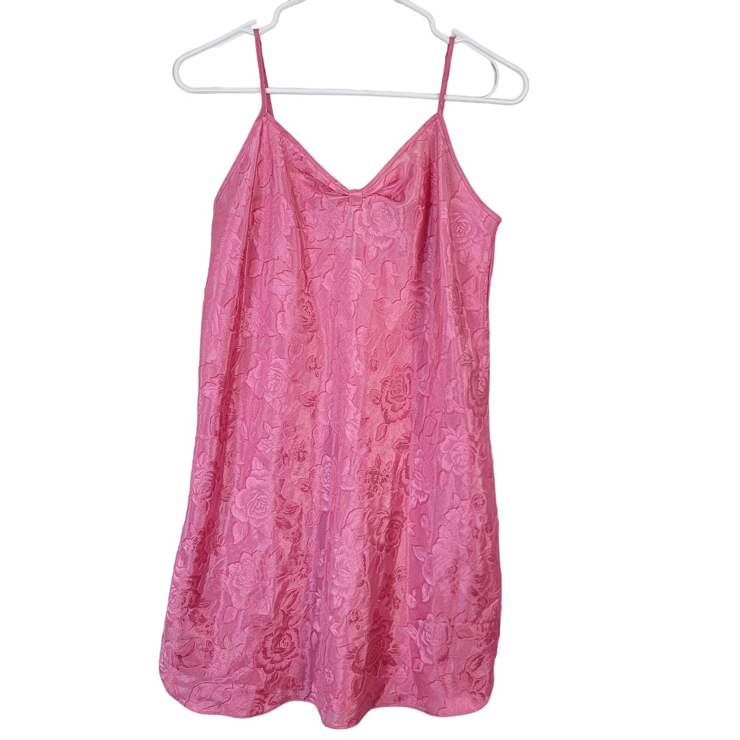 Vintage 90s Satin Lingerie Women Medium Pink Floral Slip Dress Nightgown